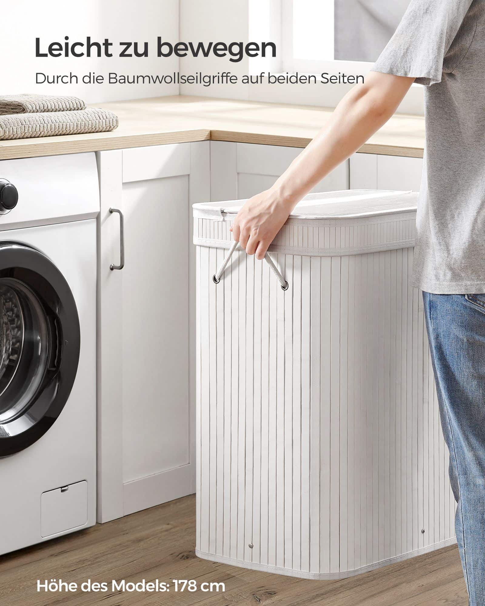 Wäschekorb 100 Liter aus Bambus mit Deckel und Griffen weiß