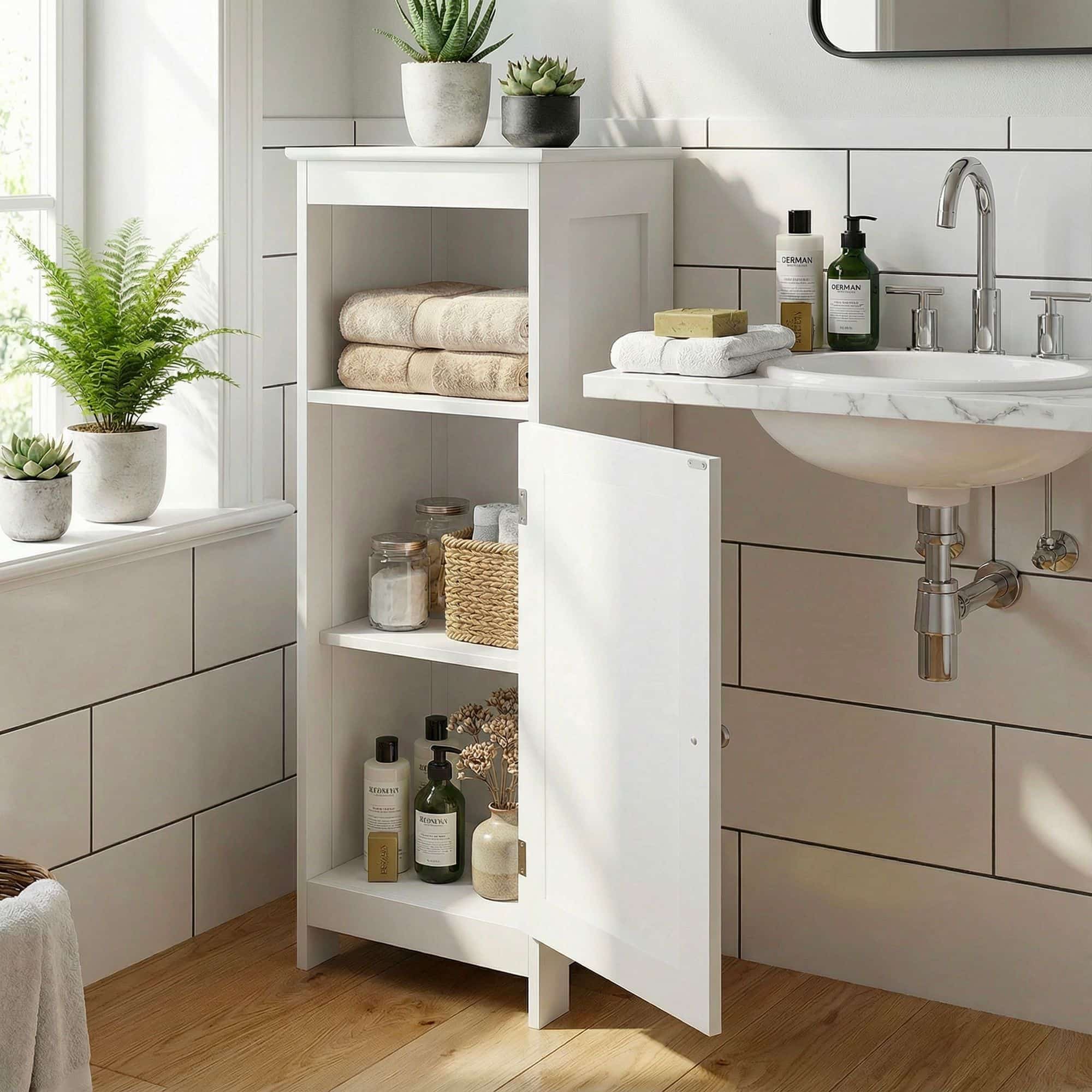 Badschrank 80 x 30 x 28 cm Weiß - Schmaler Badezimmerschrank Tür & Ablage Aufbewahrungsschrank Badezimmer Nischenschrank Bad Badezimmerregal