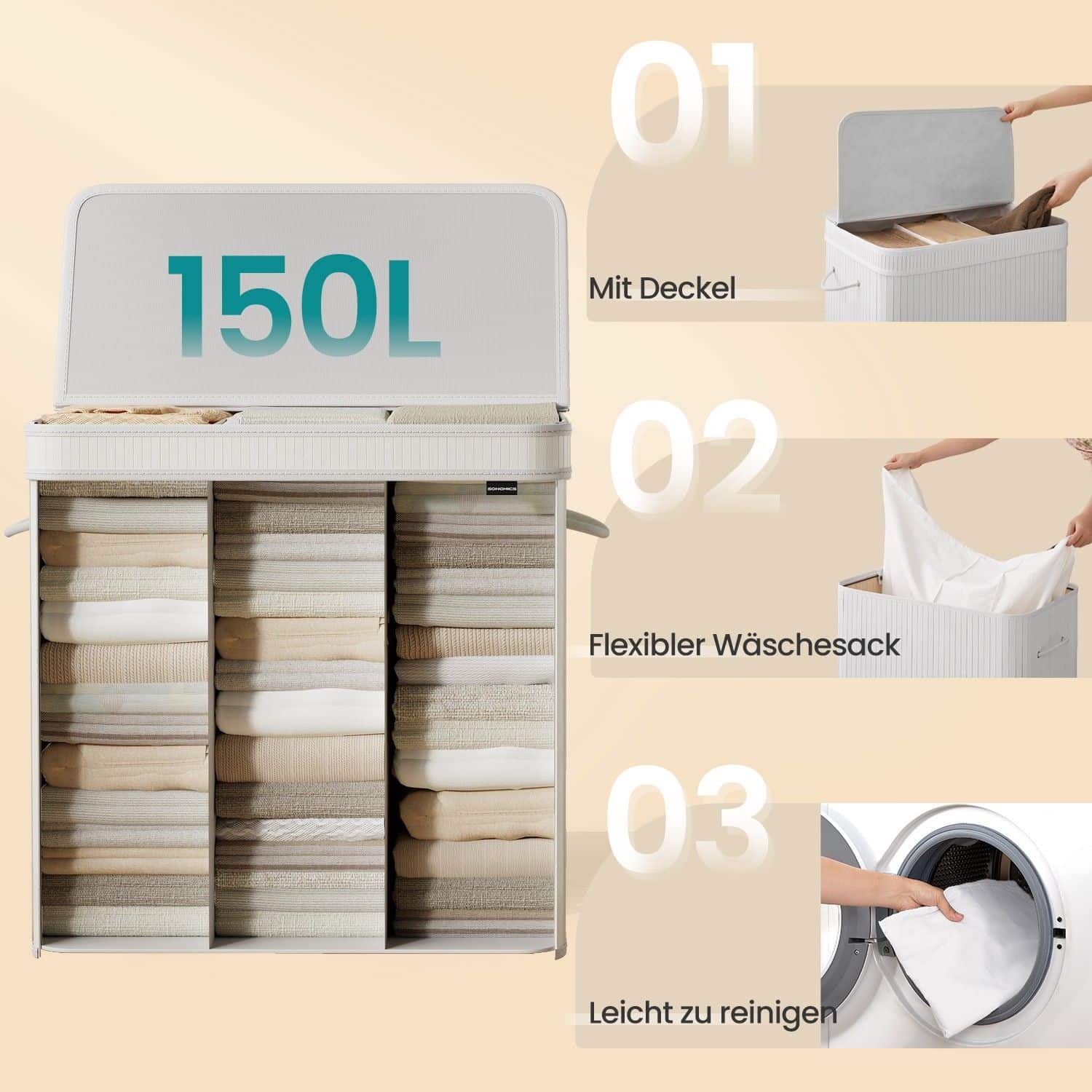Wäschekorb mit Deckel, Wäschesammler Bambus, Wäschesack mit Griffen herausnehmbar und maschinenwaschbar
