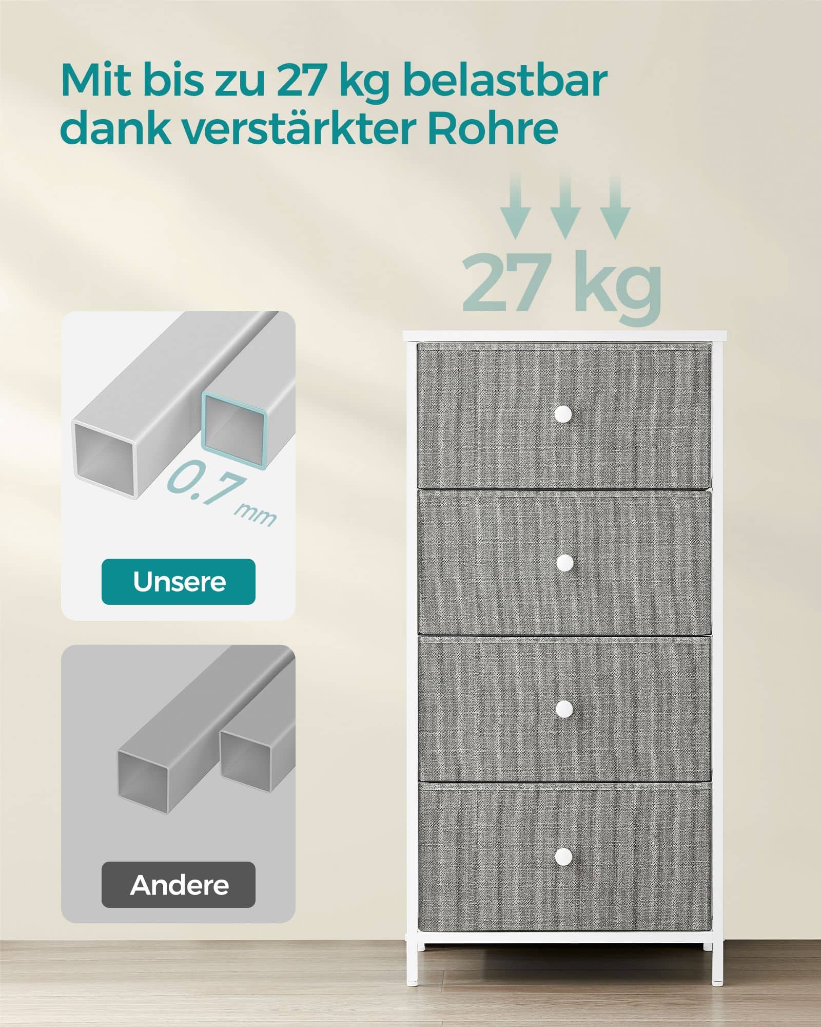 Kommode mit 4 Stoff-Schubladen und Metallrahmen hellgrau-weiß