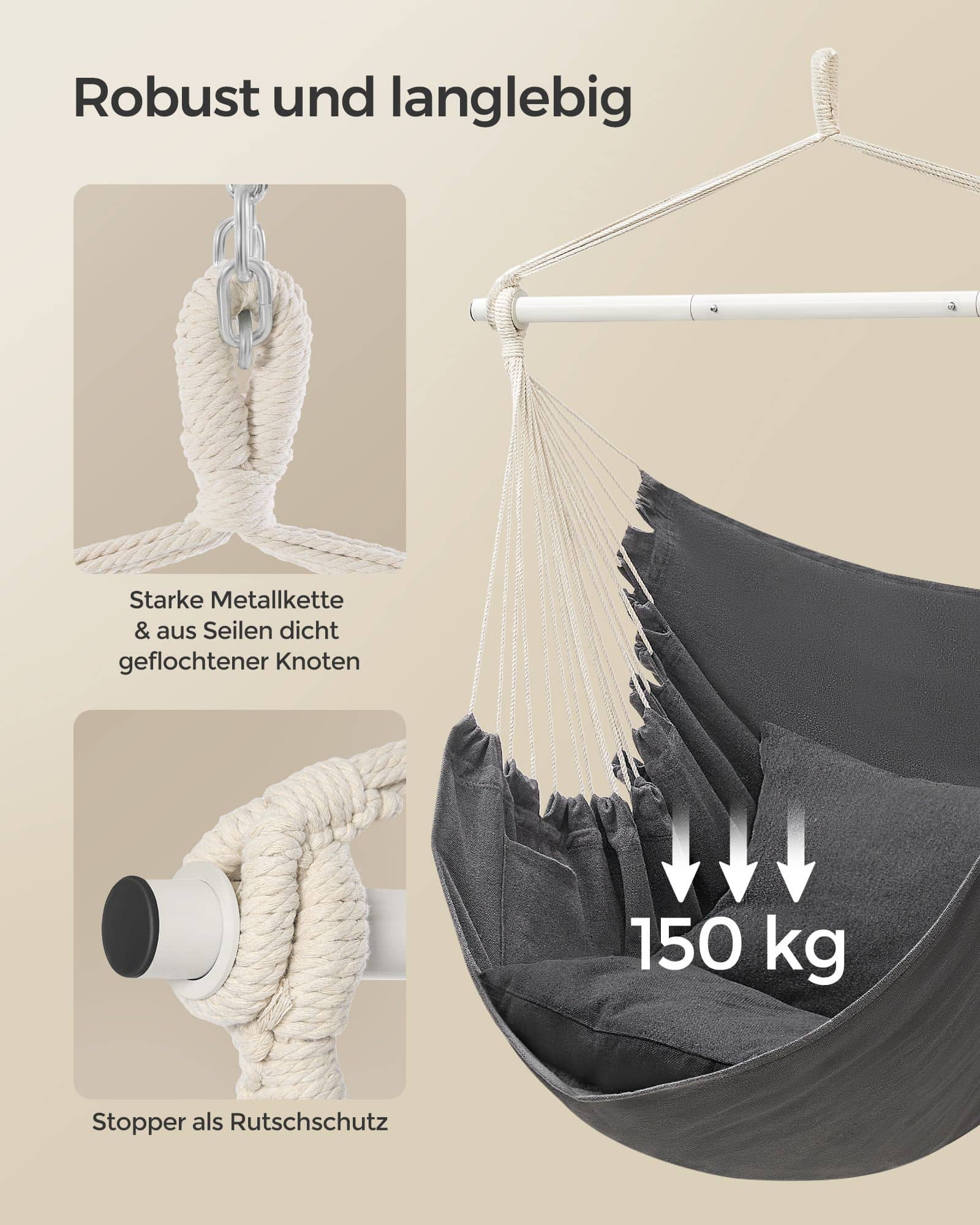 Hängesessel mit 2 Kissen und Metallkette schiefergrau Hängesessel mit 2 Kissen und Metallkette schiefergrau