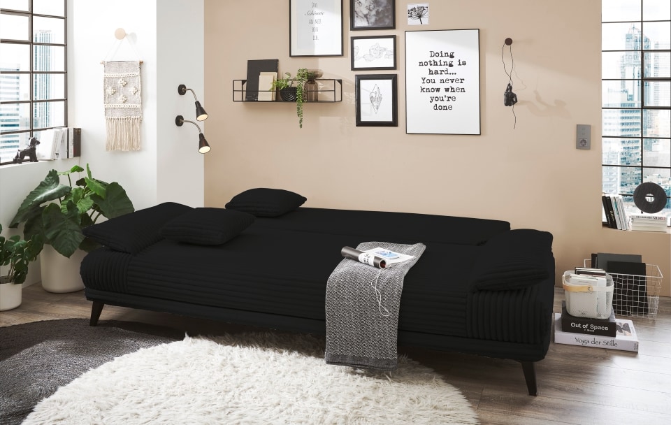 Carla_Ambience_offen_20 Stilvoll in Schwarz: Das Ed Schlafsofa Carla – Black mit Ambience Cord Bezug, Schlaffunktion & Bettkasten