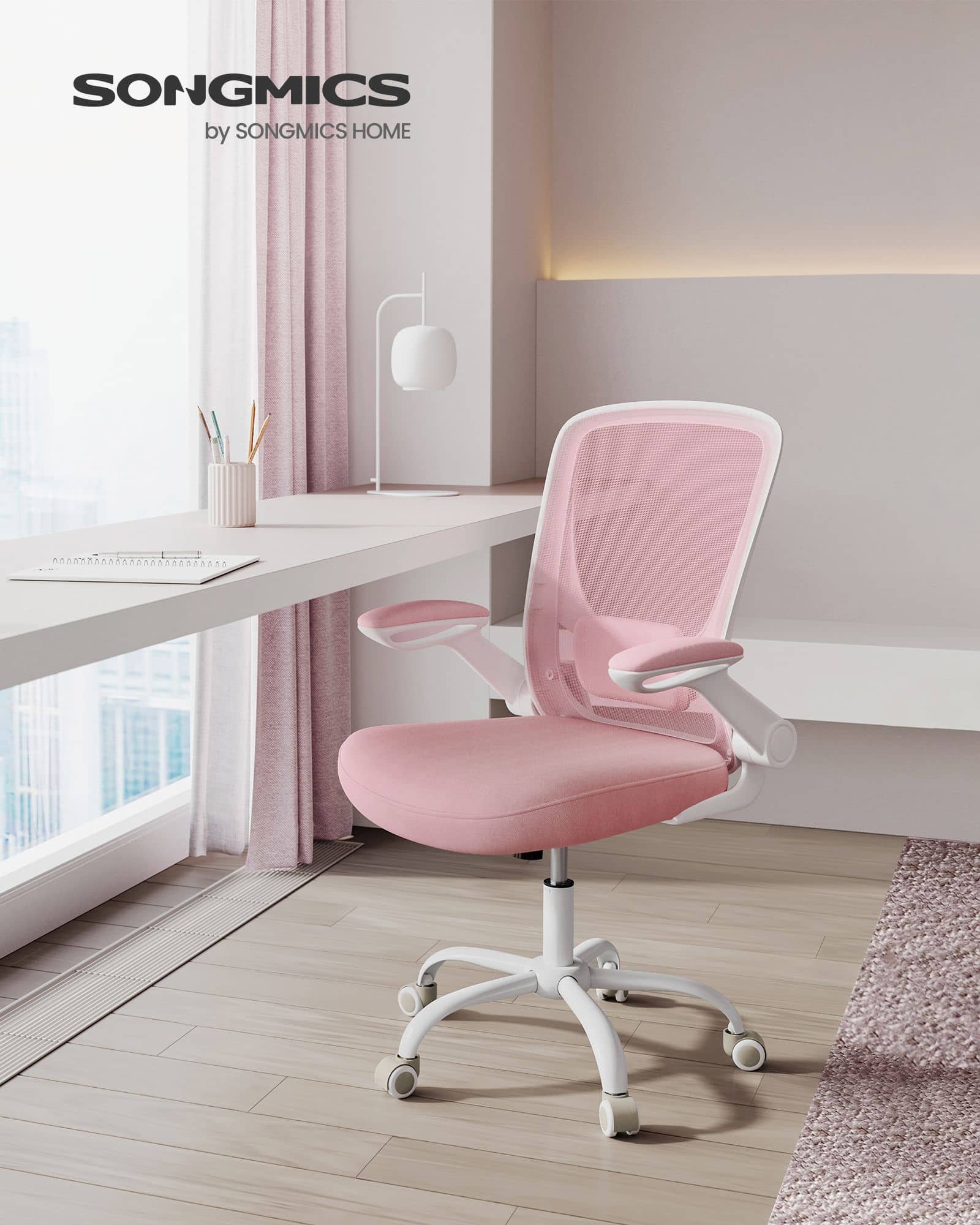 Bürostuhl gepolsterte Wippfunktion Armlehnen pastellrosa Bürostuhl gepolsterte Wippfunktion Armlehnen pastellrosa