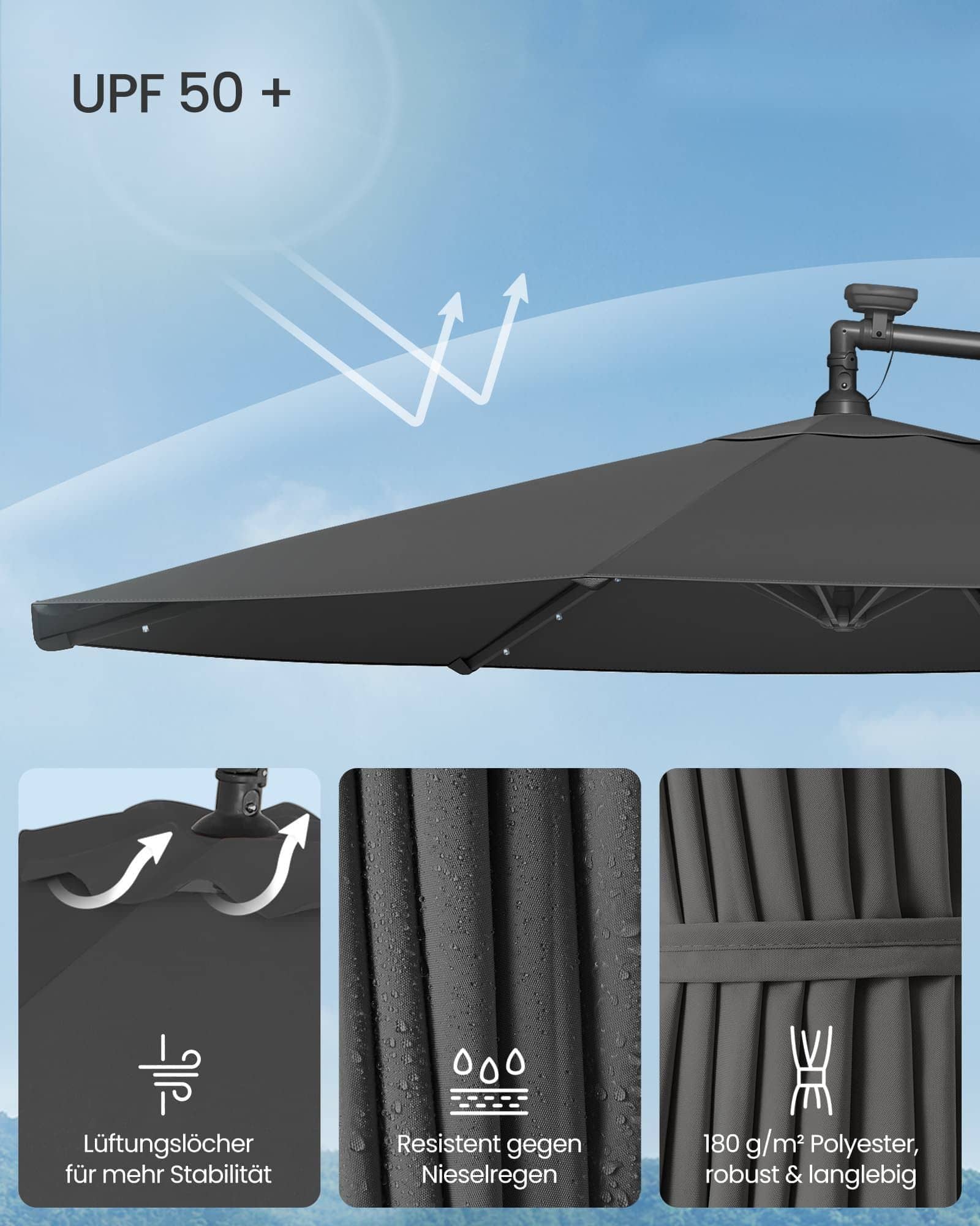 Sonnenschirm mit LED-Solar-Beleuchtung und Ständer Sonnenschirm mit LED-Solar-Beleuchtung und Ständer