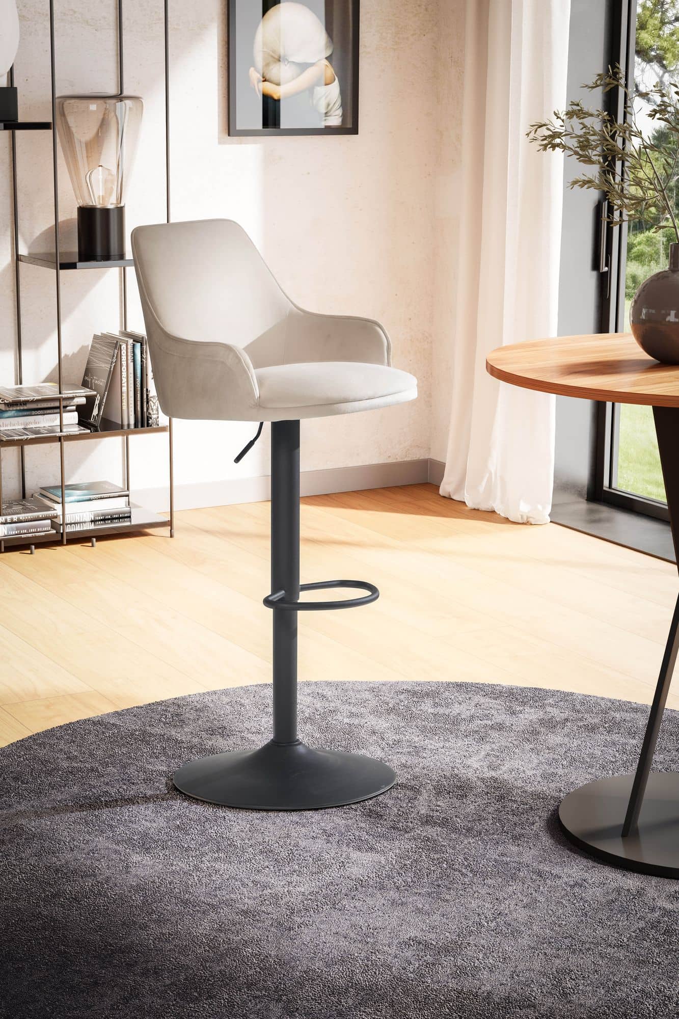 Barhocker Samt Beige Hocker mit Lehne 86 - 106 cm