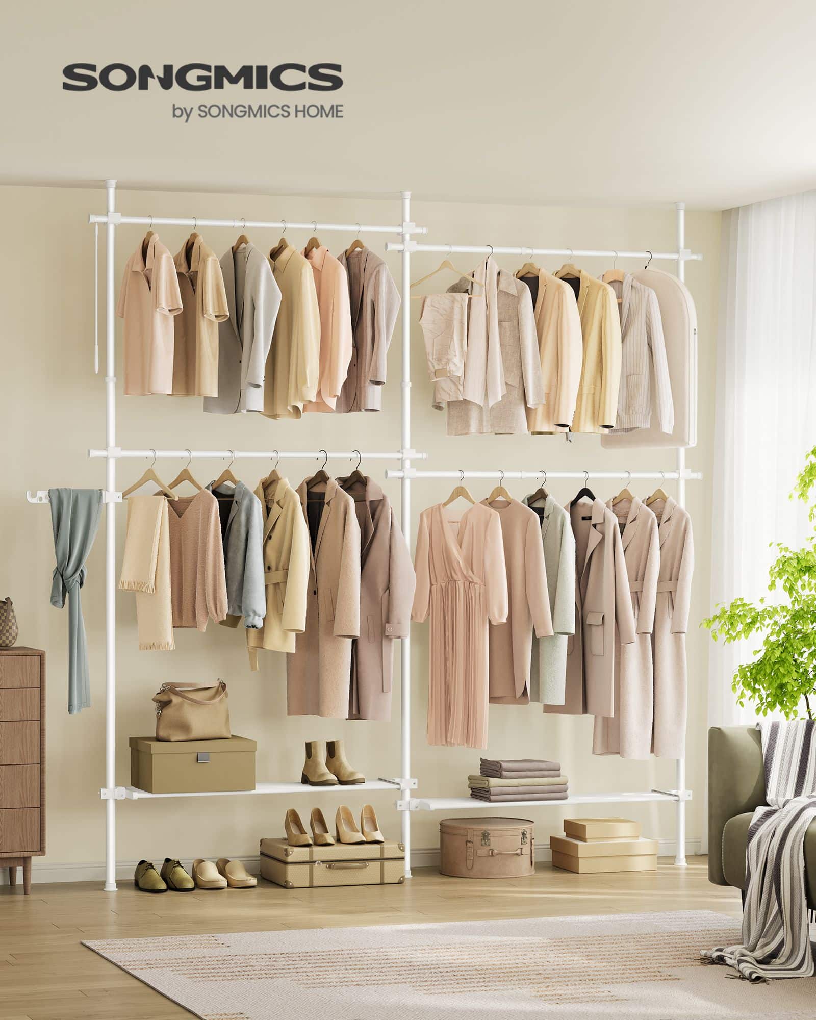 Teleskop-Kleiderstangen mit 4 Stangen und 2 Ablagen mattweiß Teleskop-Kleiderstangen mit 4 Stangen und 2 Ablagen mattweiß