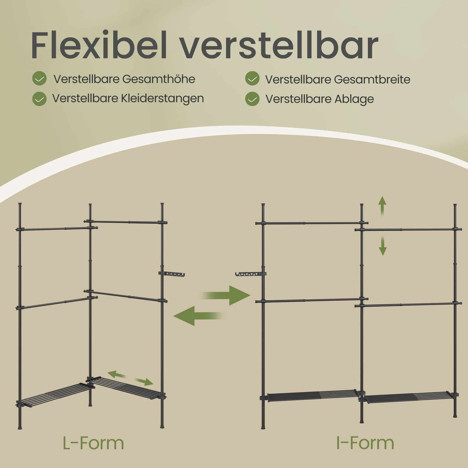 3-stufiger Kleiderständer, höhen- und breitenverstellbar, offene Garderobe mit 4 Kleiderstangen und 2 Ablagen 3-stufiger Kleiderständer, höhen- und breitenverstellbar, offene Garderobe mit 4 Kleiderstangen und 2 Ablagen