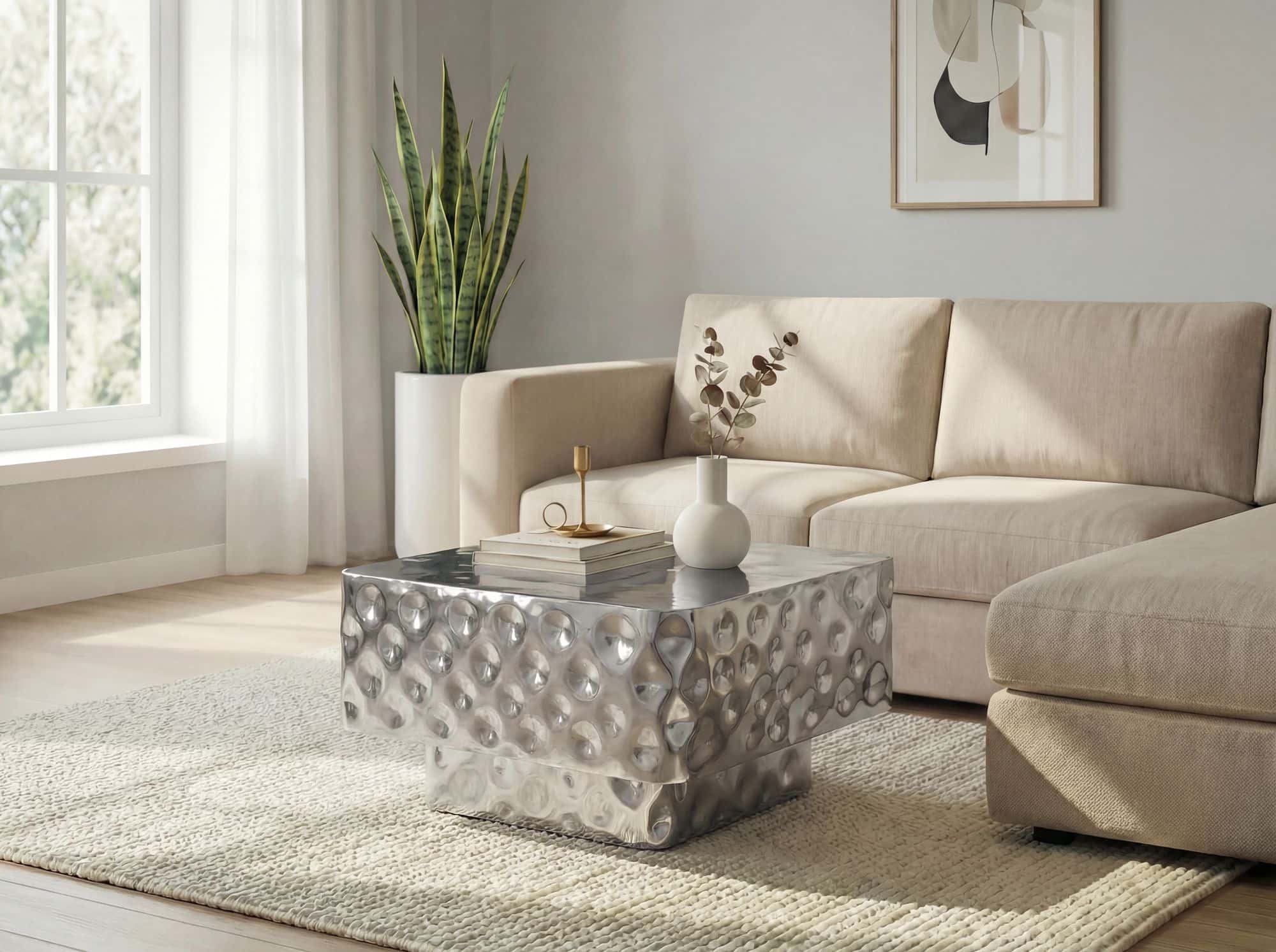 Couchtisch Aluminium Quadratisch 60cm Silber - Design Wohnzimmertisch Gehämmert - Moderner Loungetisch - Sofatisch Hammerschlag - Beistelltisch Wohnzimmer Handmade