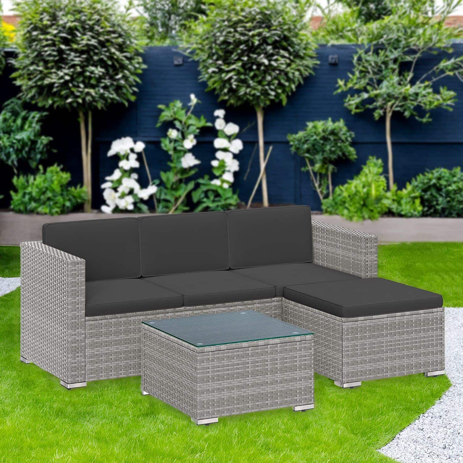 Gartenmöbel-Set, Terrassenmöbel aus PE-Polyrattan, Balkonmöbel mit Kissen und Glastisch Gartenmöbel-Set, Terrassenmöbel aus PE-Polyrattan, Balkonmöbel mit Kissen und Glastisch