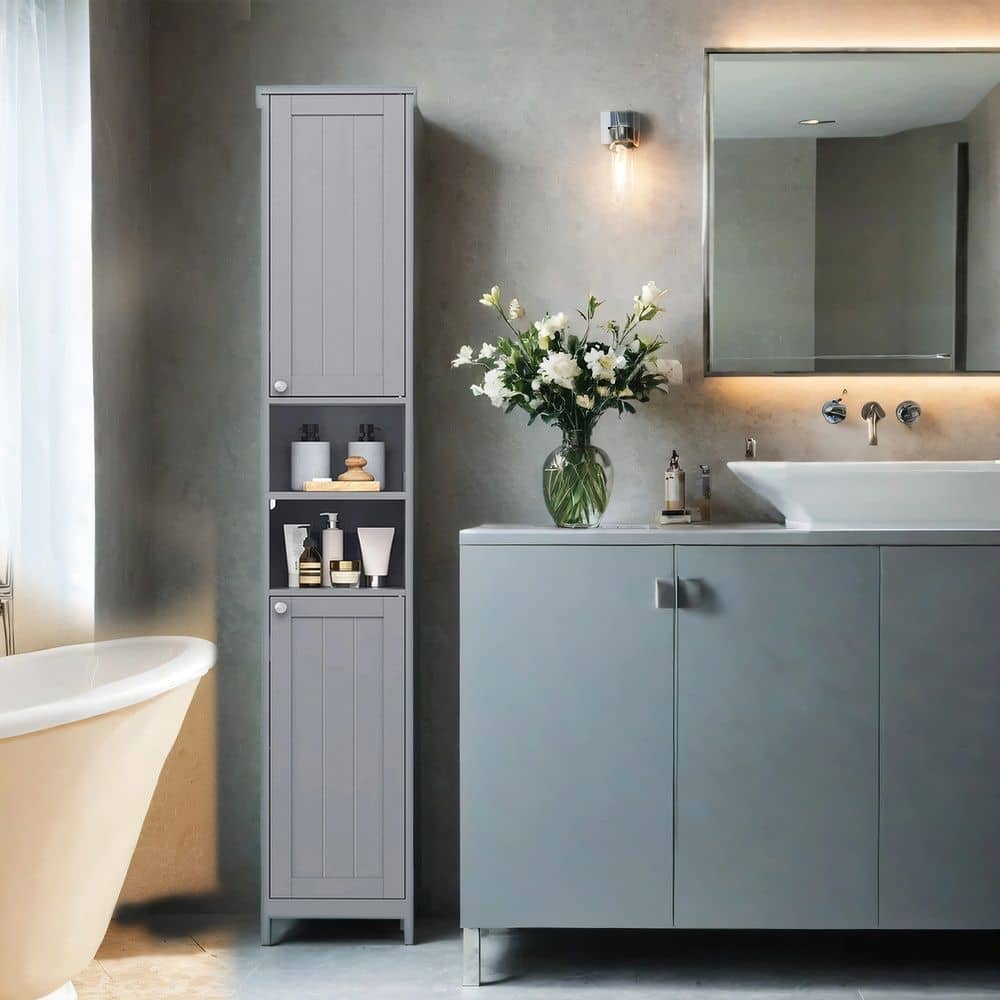 Hochschrank für Badezimmer mit Beleuchtung, verstellbaren Einlegeböden, offenen Fächern Hochschrank für Badezimmer mit Beleuchtung, verstellbaren Einlegeböden, offenen Fächern