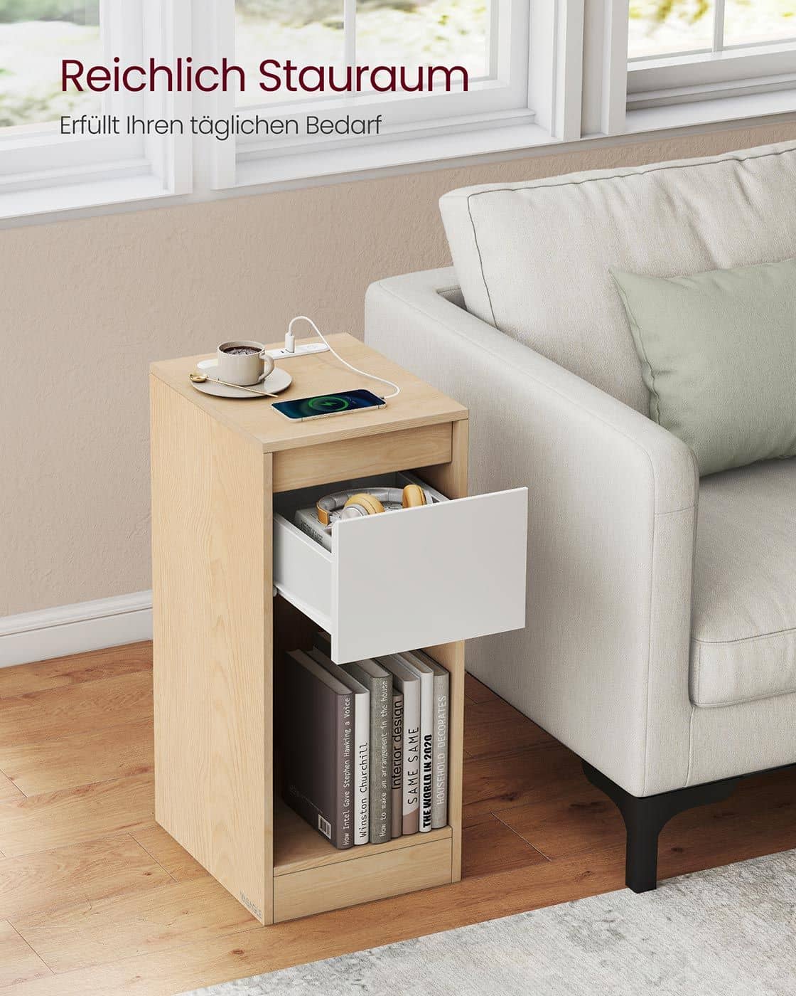 Nachttisch mit LED Beleuchtung USB Anschlüssen und Schublade