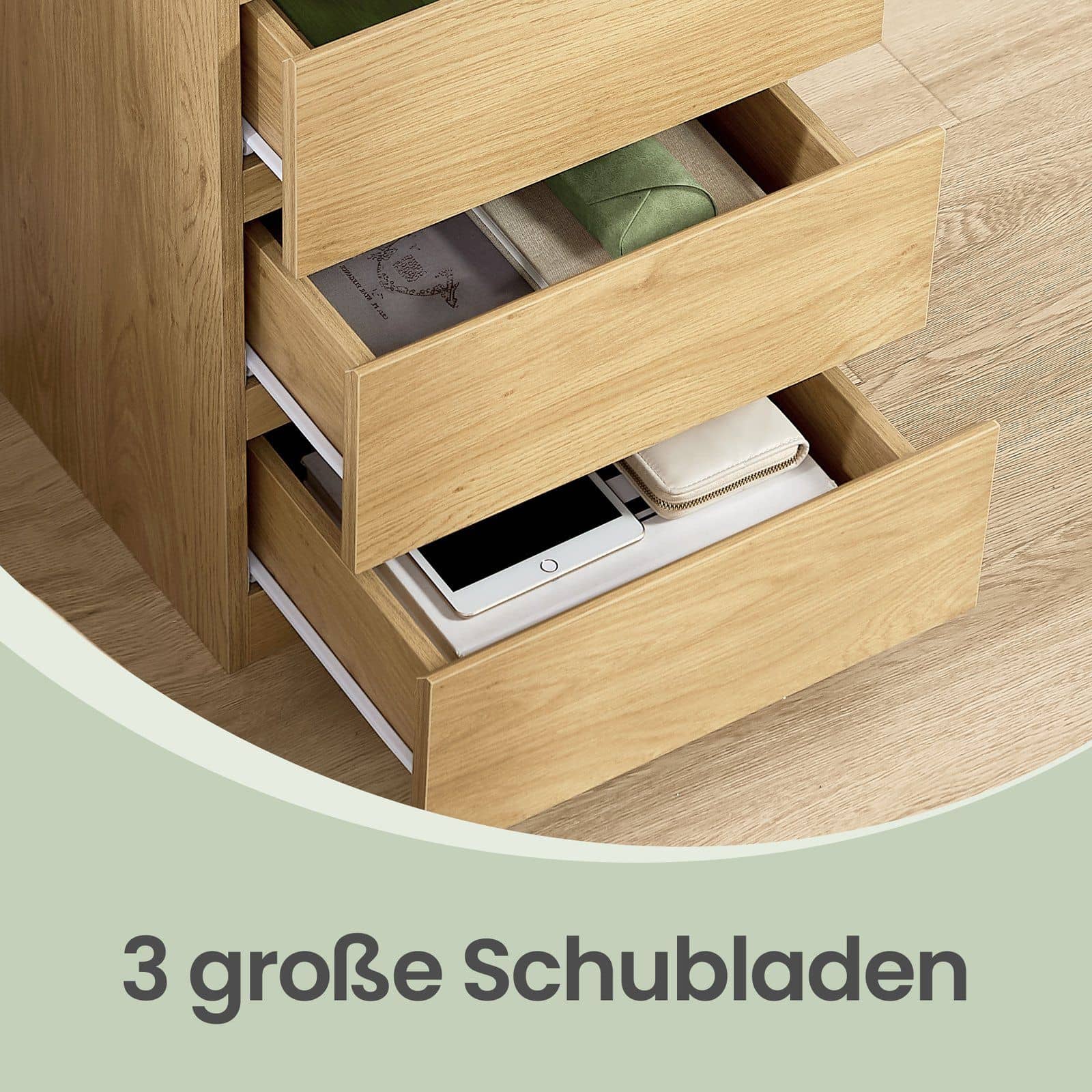 Beistelltisch Set mit Steckdosenleiste, Nachttisch, 3 Schubladen