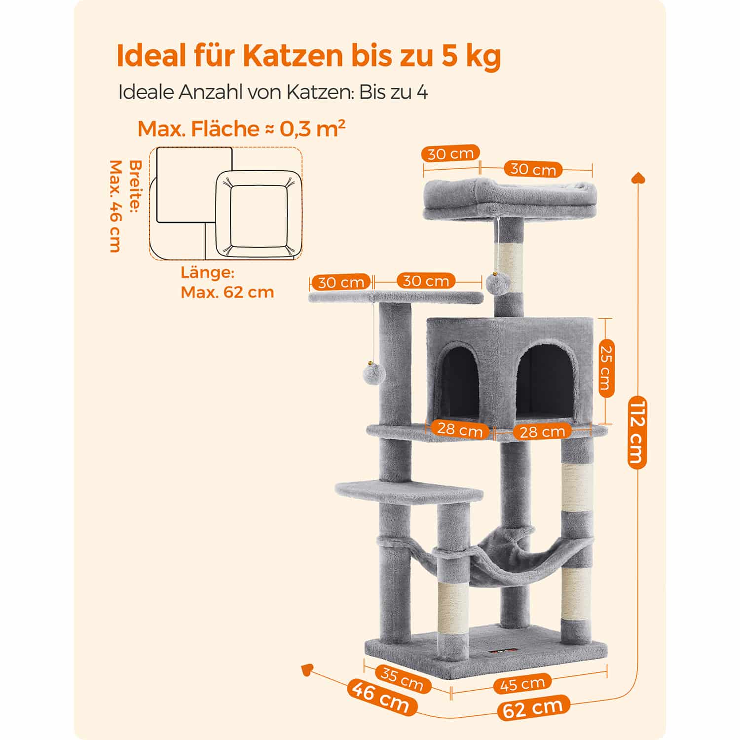 Kratzbaum 112 cm mit Plattformen und Hängematte hellgrau-B34PCT261W01 Kratzbaum 112 cm mit Plattformen und Hängematte hellgrau-B34PCT261W01
