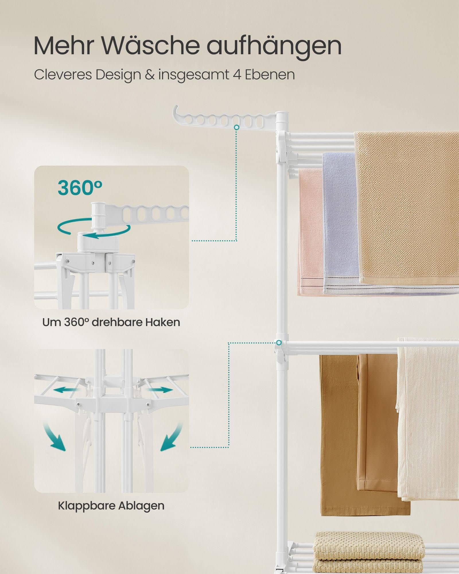 Wäscheständer mit 4 Ebenen und Rollen wolkenweiß Wäscheständer mit 4 Ebenen und Rollen wolkenweiß