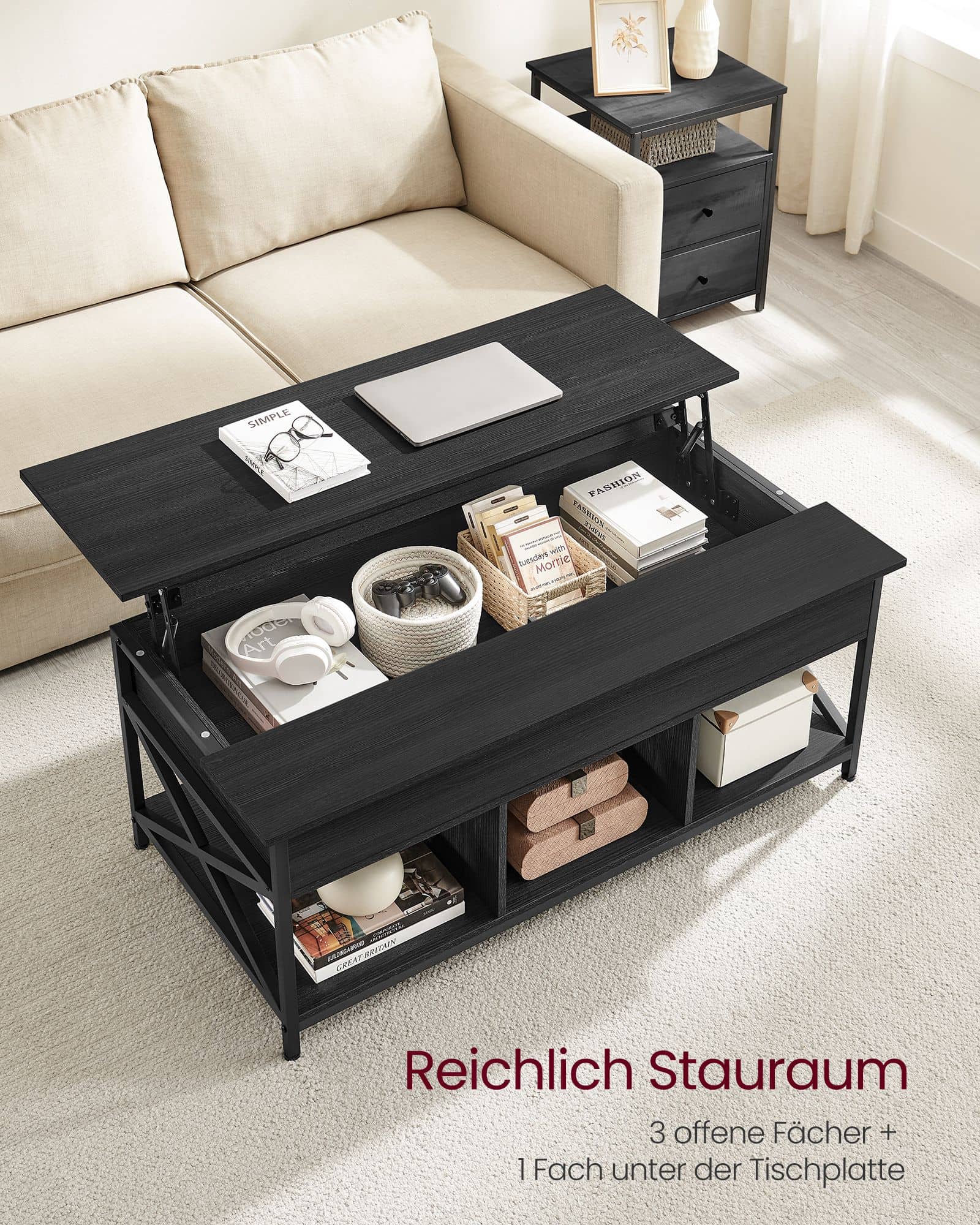 Couchtisch höhenverstellbar mit verstecktem Stauraum anthrazitgrau-schwarz