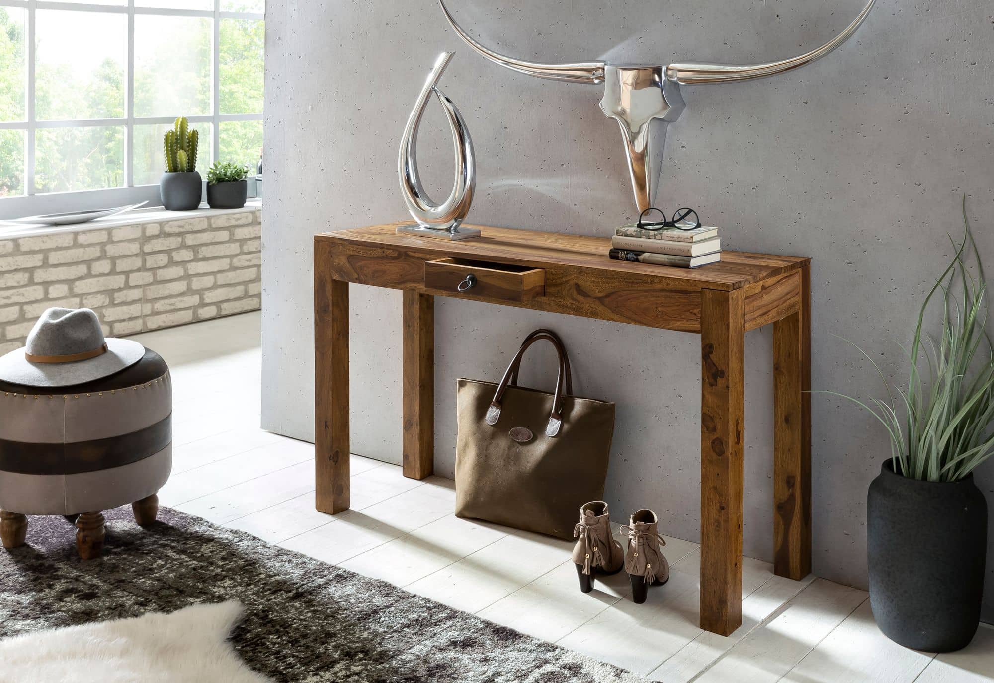 31323-WOHNLING-Konsolentisch-MUMBAI-Massivholz-Sh_4 Konsolentisch MUMBAI Massivholz Sheesham Konsole mit 1 Schublade Schreibtisch 120 x 40 cm Landhaus-Stil Sideboard