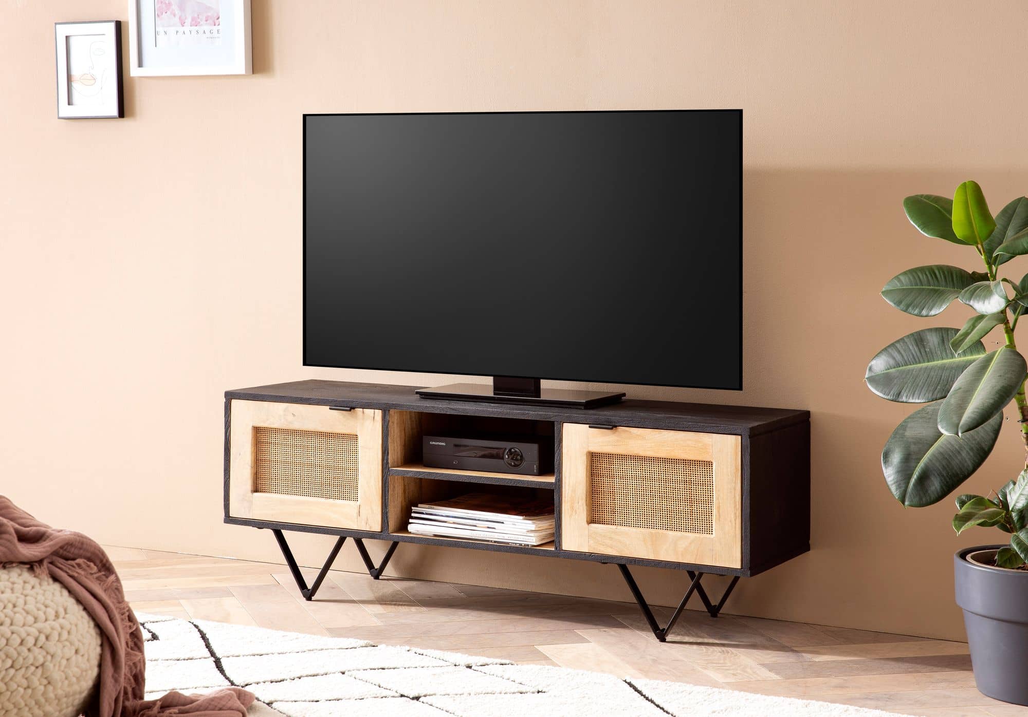 Lowboard Mango Massivholz / Rattan 120x44x35 cm TV-Kommode mit zwei Türen Lowboard Mango Massivholz / Rattan 120x44x35 cm TV-Kommode mit zwei Türen