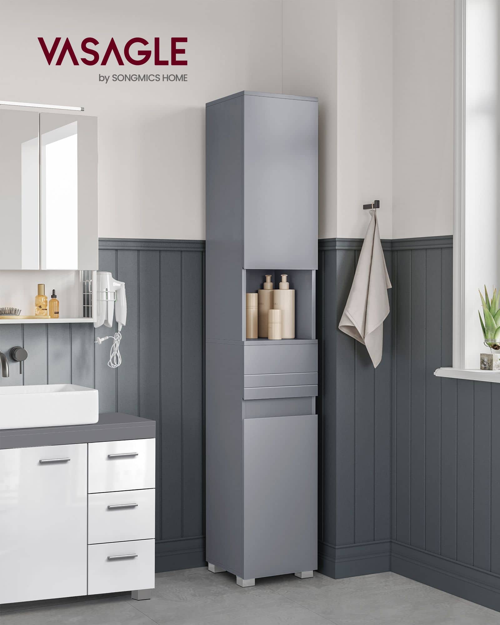 Badezimmerschrank 30 x 30 x 170 cm mystisches Grau Badezimmerschrank 30 x 30 x 170 cm mystisches Grau