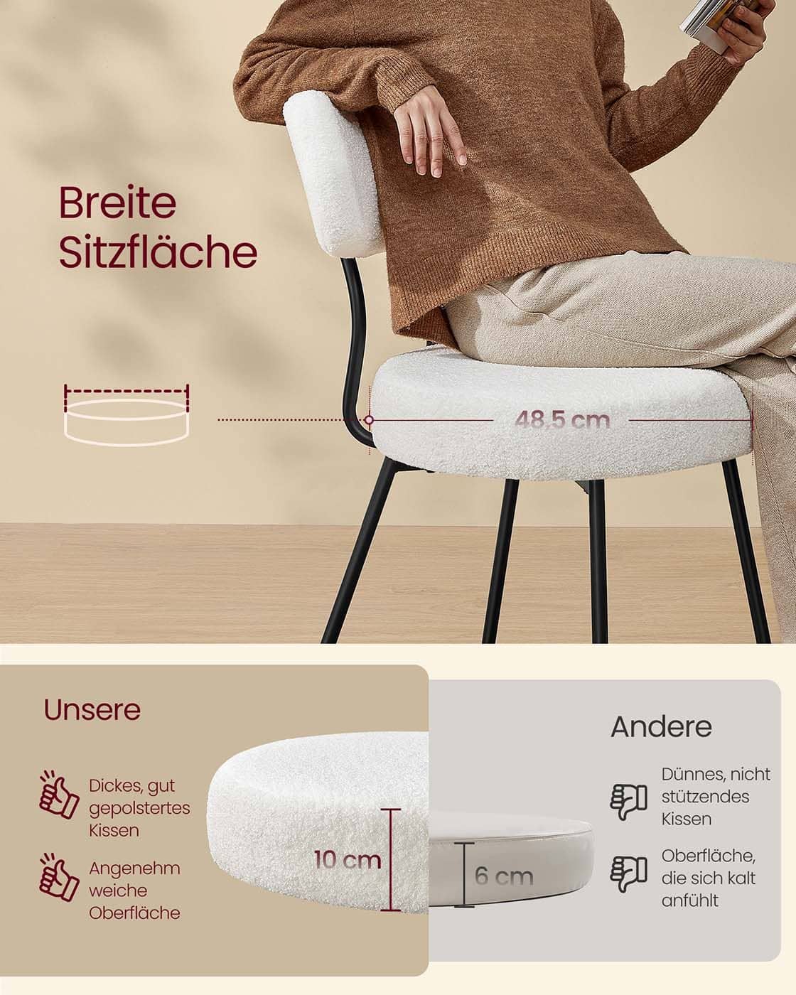 Esszimmerstuhl 2er Set mit Fleece Oberfläche cremeweiß Esszimmerstuhl 2er Set mit Fleece Oberfläche cremeweiß