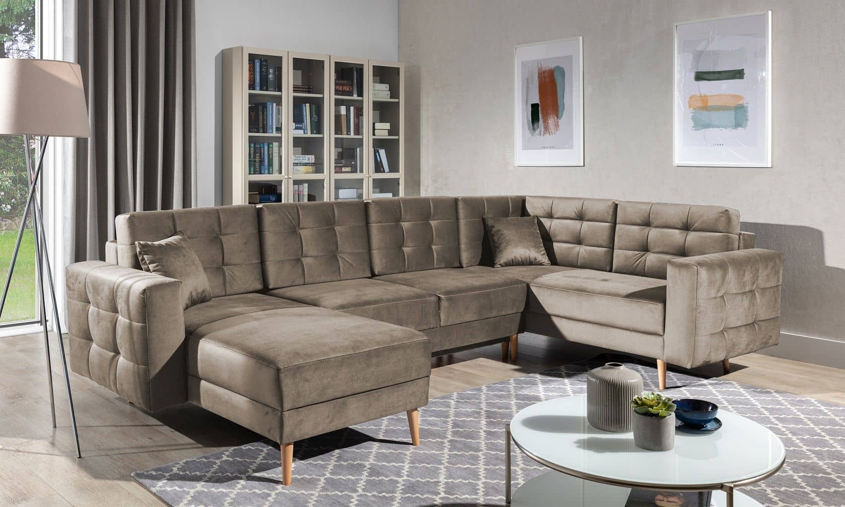 Wohnlandschaft Asgard U Hellbraun – Schlafsofa mit Stauraum | beidseitig montierbar