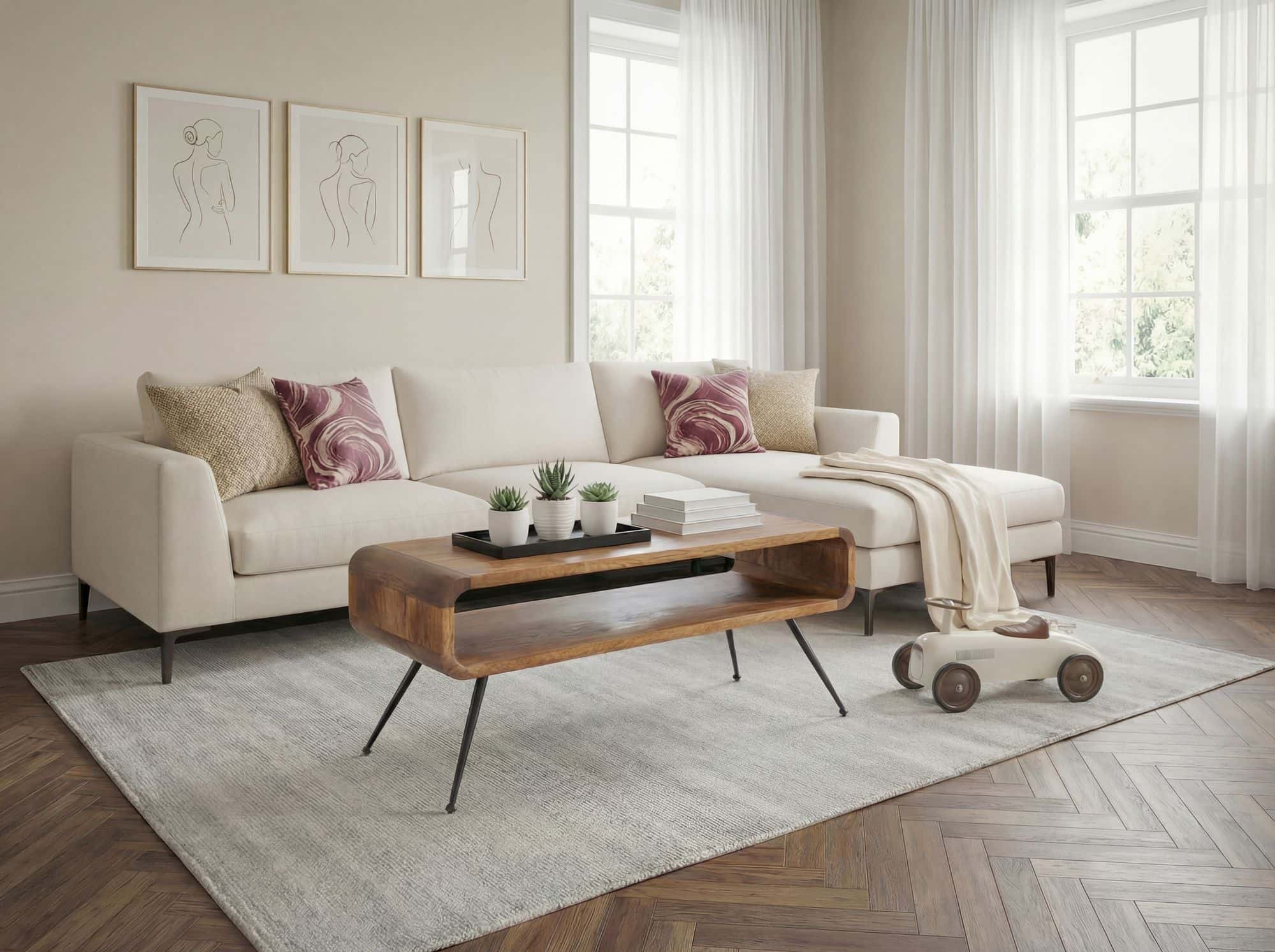 Couchtisch Mango Massivholz Metall 105cm - Design Wohnzimmertisch mit Ablagefach - Rechteckiger Sofatisch Retro - Loungetisch Holz - Natur Beistelltisch Handmade