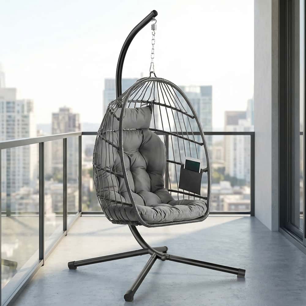 Schaukelstuhl mit Gestell, klappbarer Korbsessel höhenverstellbar, Hängeschaukel für Garten Balkon