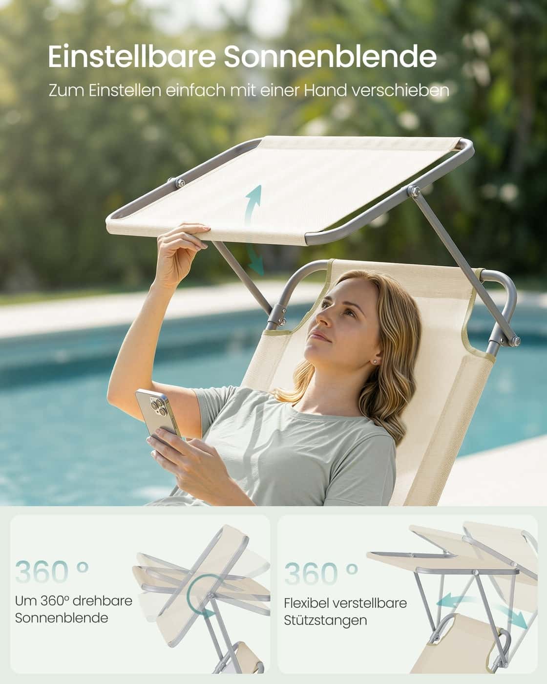 189 x 53 x 28,5 cm Klappbare Sonnenliege mit verstellbarer Rückenlehne und Blende beige 189 x 53 x 28,5 cm Klappbare Sonnenliege mit verstellbarer Rückenlehne und Blende beige