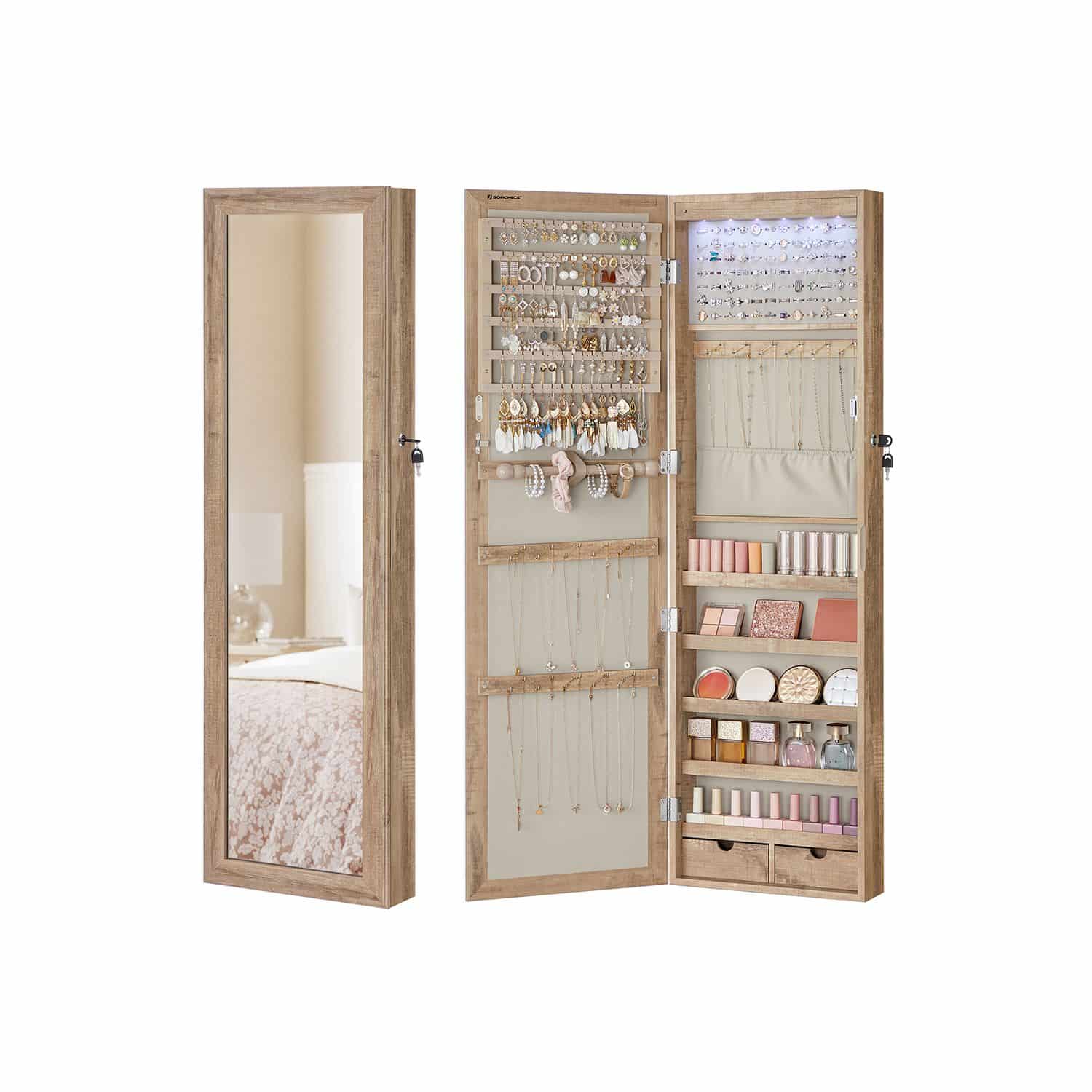 Schmuckschrank 120 cm hoch mit beleuchtetem Innenspiegel eichenbraun Schmuckschrank 120 cm hoch mit beleuchtetem Innenspiegel eichenbraun