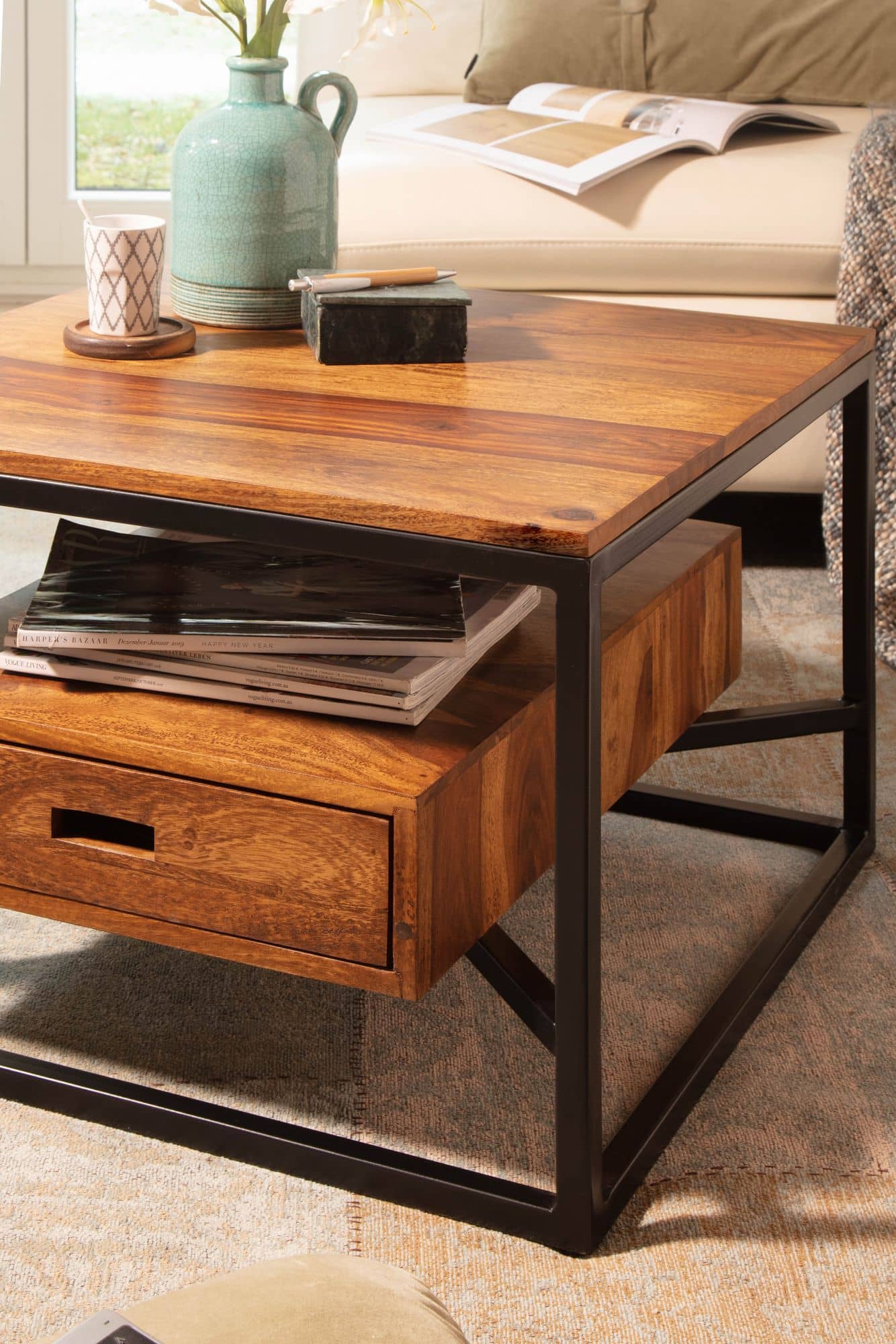 Couchtisch 60x60x40 cm Sheesham Massivholz / Metall Sofatisch Quadratisch Couchtisch 60x60x40 cm Sheesham Massivholz / Metall Sofatisch Quadratisch