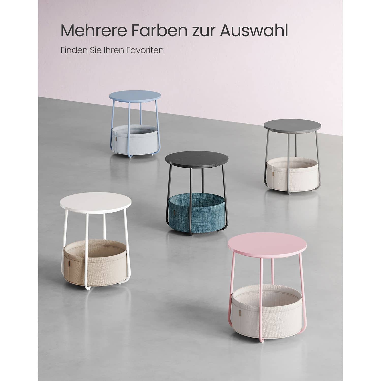 Runder Beistelltisch mit Korb aus Stoff pastellrosa-wolkenweiß Runder Beistelltisch mit Korb aus Stoff pastellrosa-wolkenweiß