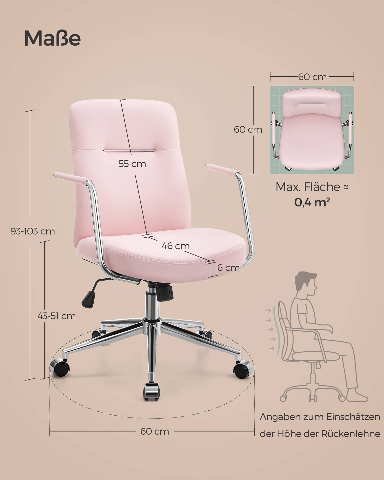 Bürostuhl mit Rückenlehnen und gebogenem Sitz pastellrosa Bürostuhl mit Rückenlehnen und gebogenem Sitz pastellrosa