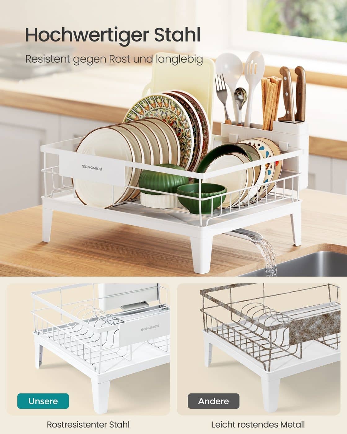 Drehbares Abtropfgestell mit Abtropfschale und Besteckablage Drehbares Abtropfgestell mit Abtropfschale und Besteckablage