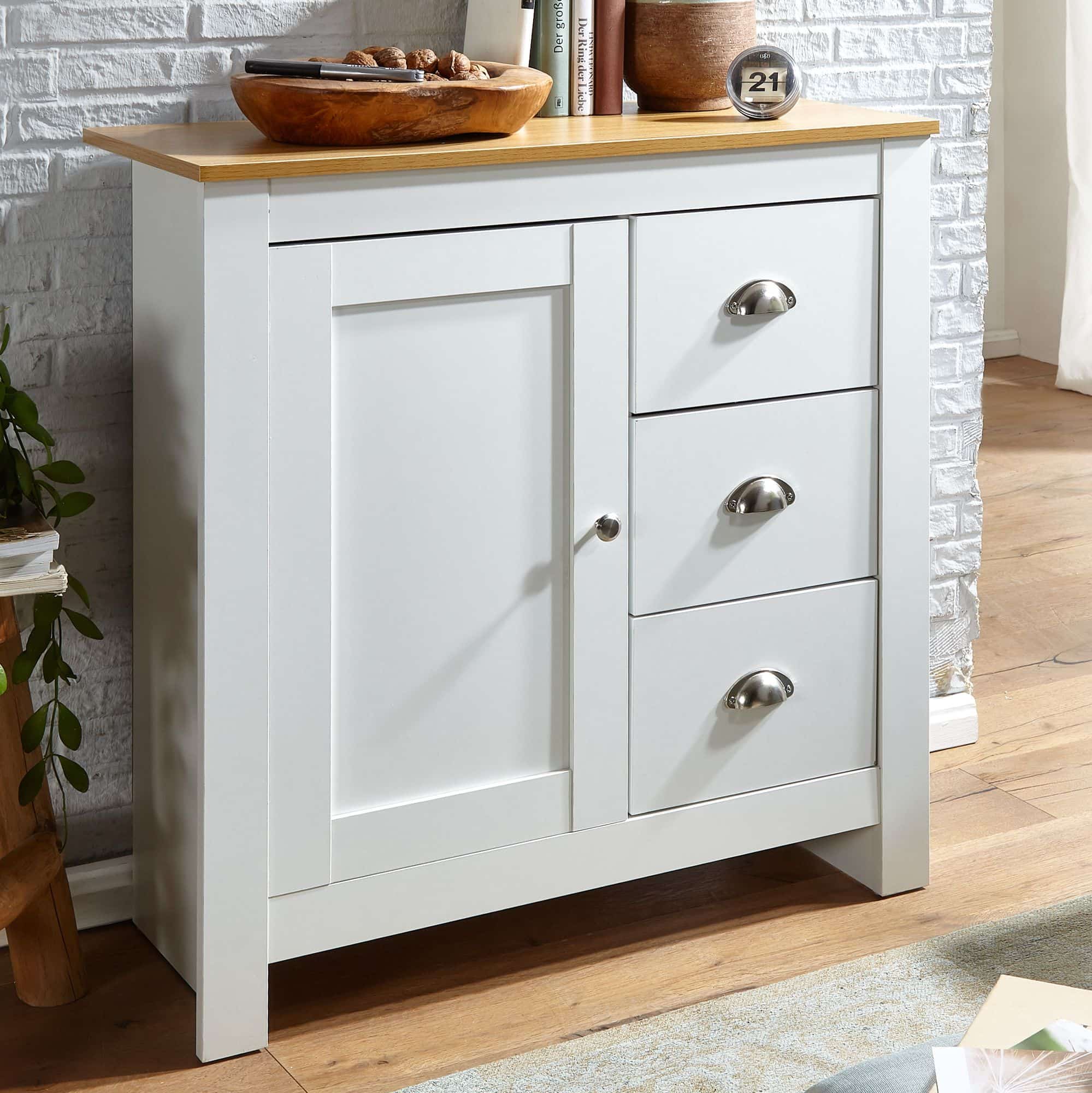 62545-WOHNLING-Sideboard-79X35X81cm-weiss-Eiche-WL6-384-WL6-384 Sideboard mit 3 Schubladen 79x81x35 cm Kommode Weiß / Eiche Modern