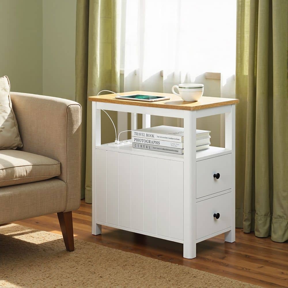 Beistelltisch, schmaler Nachttisch mit Steckdosenleiste, 2 Schubladen Beistelltisch, schmaler Nachttisch mit Steckdosenleiste, 2 Schubladen
