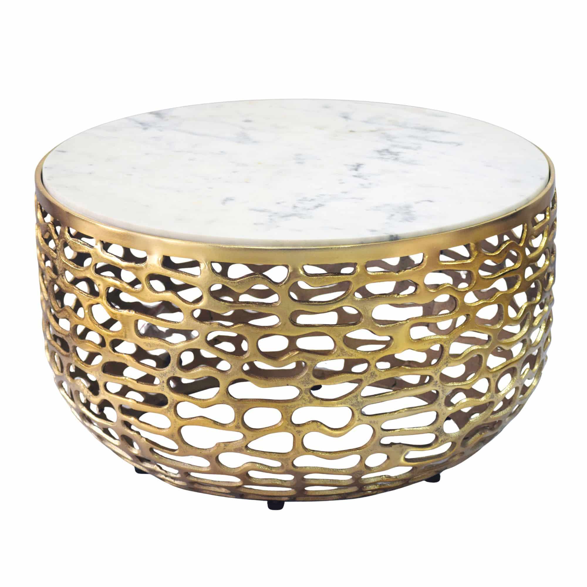 Design Metall Couchtisch Gold mit weißer Marmor Tischplatte 60 cm rund - Aluminium Wohnzimmertisch Modern - Loungetisch Alu Beistelltisch Wohnzimmer Handmade