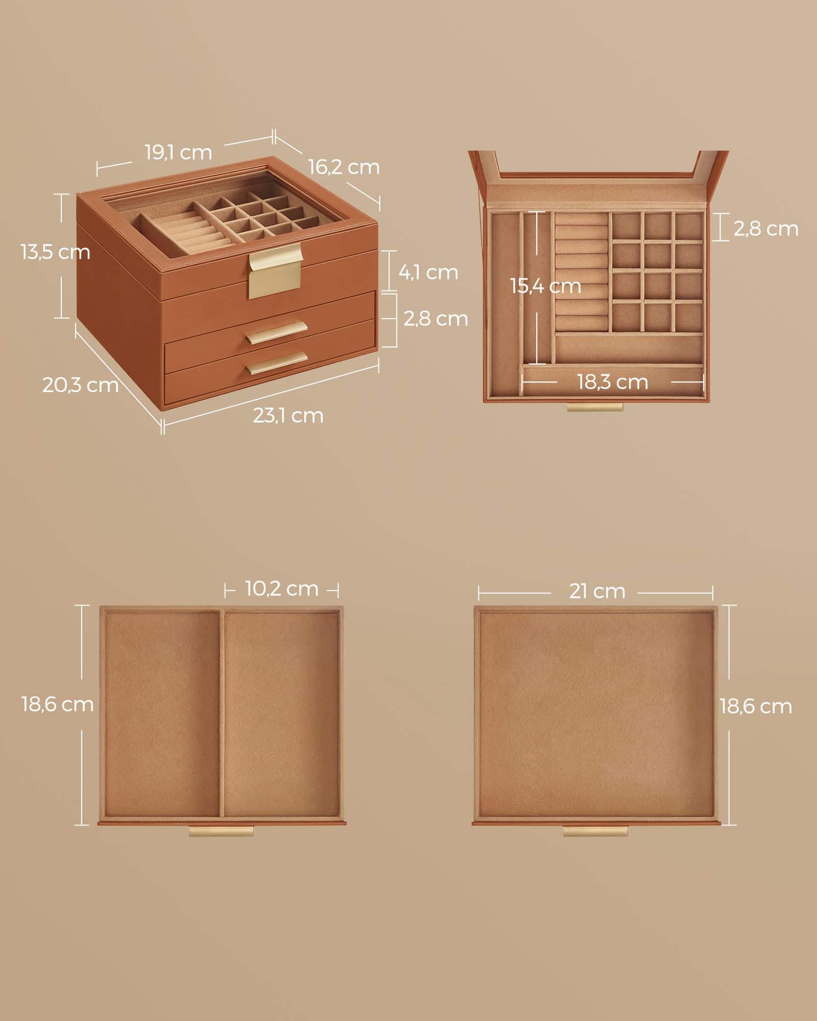 Schmuckkasten mit 3 Ebenen modern karamellbraun-golden Schmuckkasten mit 3 Ebenen modern karamellbraun-golden