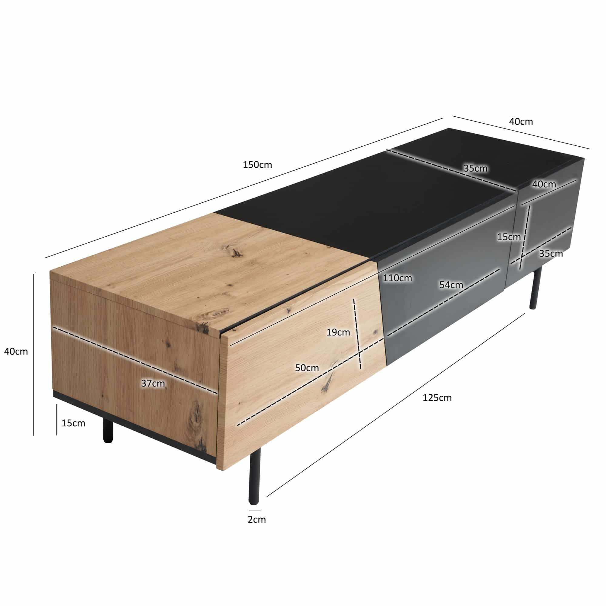 Lowboard Schwarz mit Eiche-Dekor 150x40x40 cm TV-Kommode Modern Lowboard Schwarz mit Eiche-Dekor 150x40x40 cm TV-Kommode Modern