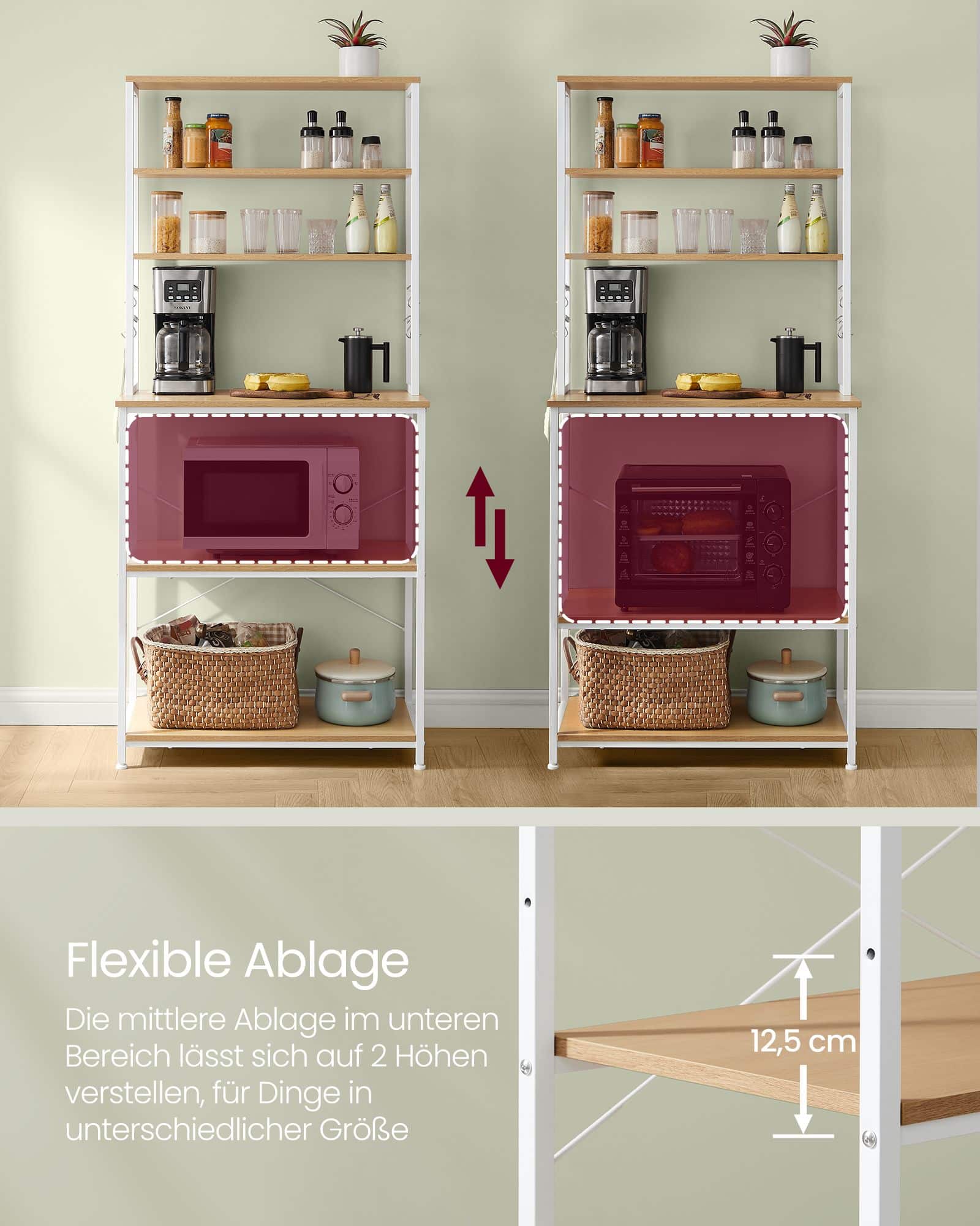 VASAGLE Küchenregal mit Steckdosen, verstellbaren Ablagen und Haken – 60x40x167 cm, Goldeiche-Wolkenweiß VASAGLE Küchenregal mit Steckdosen, verstellbaren Ablagen und Haken – 60x40x167 cm, Goldeiche-Wolkenweiß