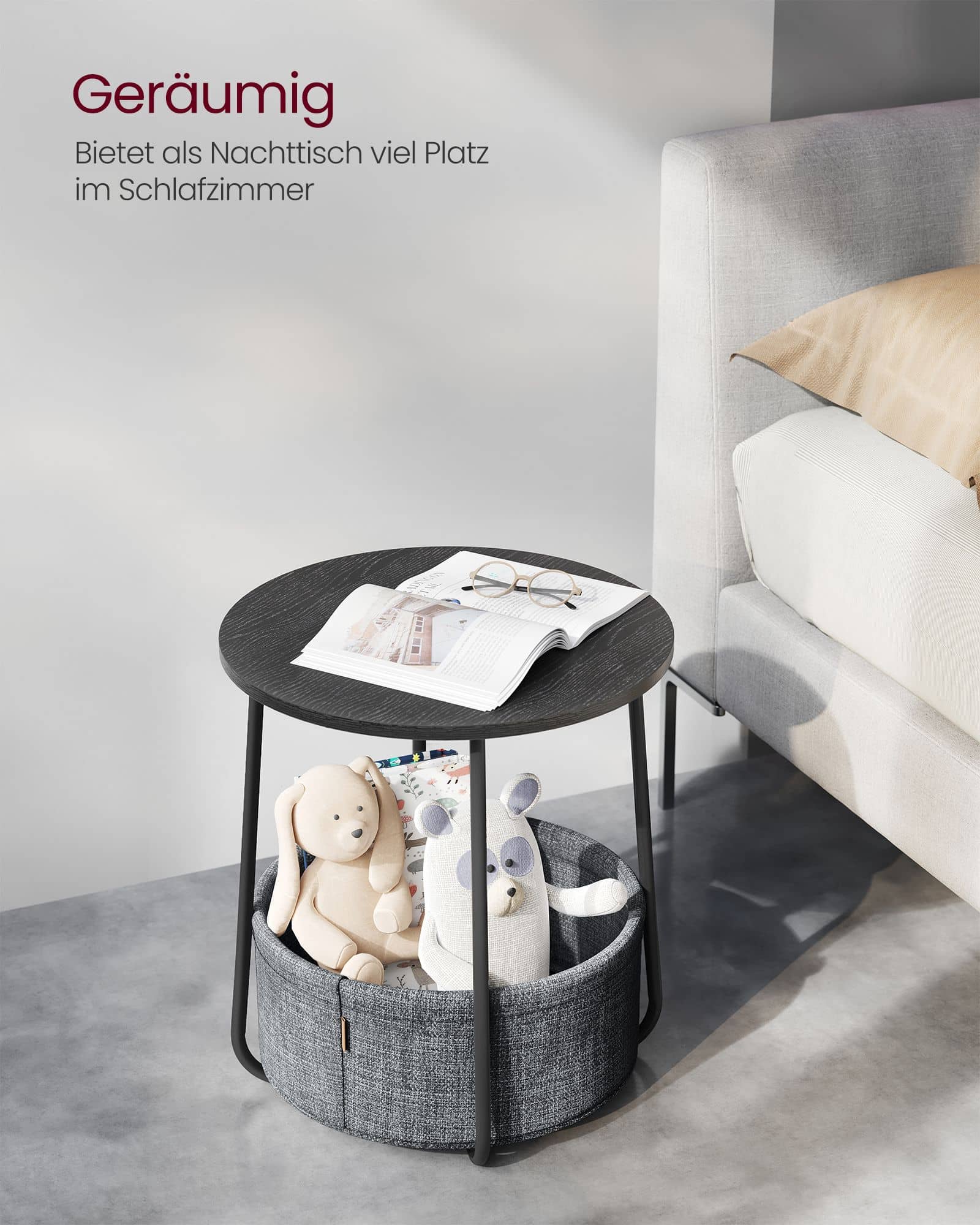 Beistelltisch mit Korb aus Stoff ebenholzschwarz-schiefergrau Beistelltisch mit Korb aus Stoff ebenholzschwarz-schiefergrau
