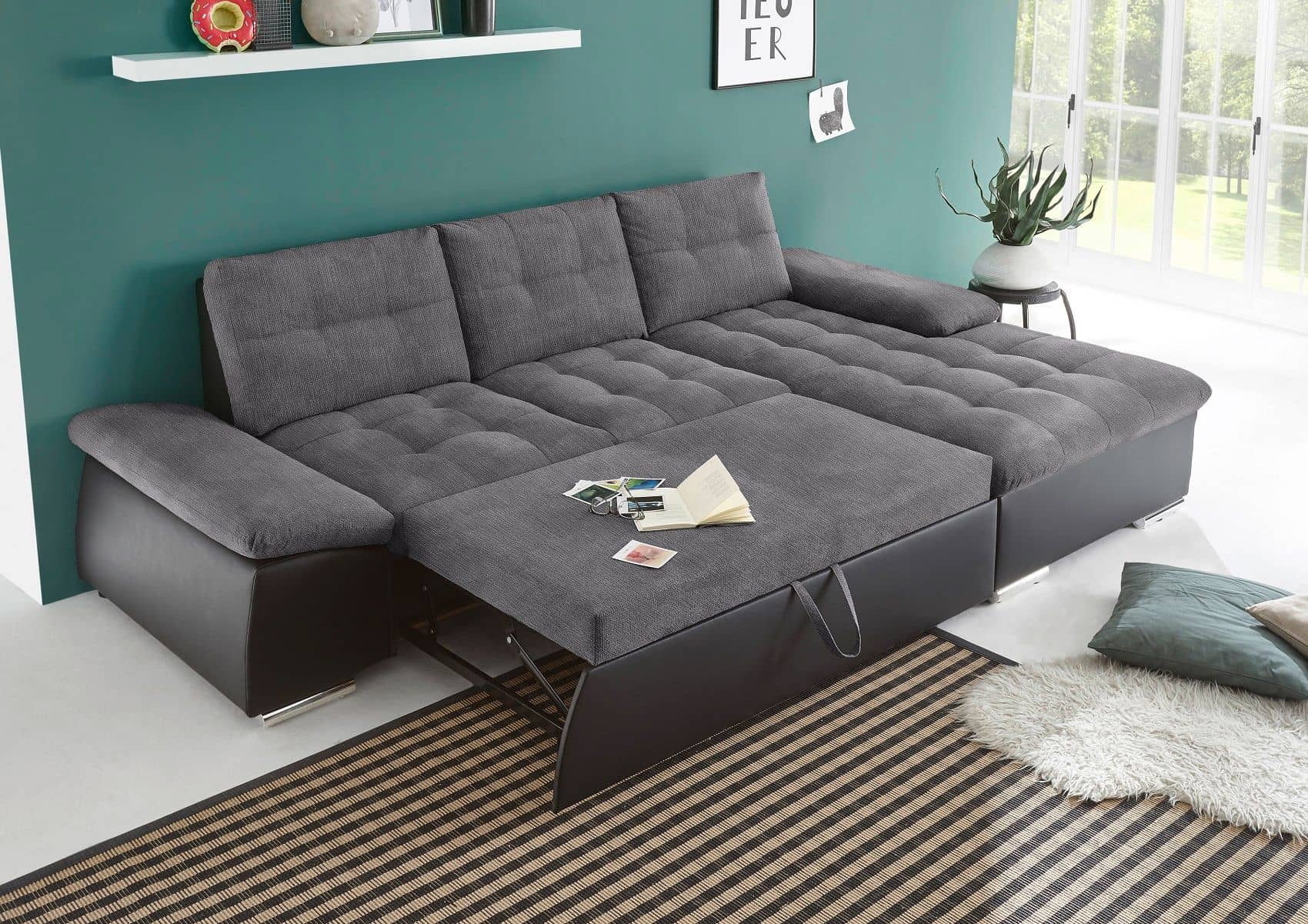 Ecksofa Jakarta Schwarz | Anthrazit – Modernes Sofa mit Schlaffunktion & verstellbaren Armlehnen
