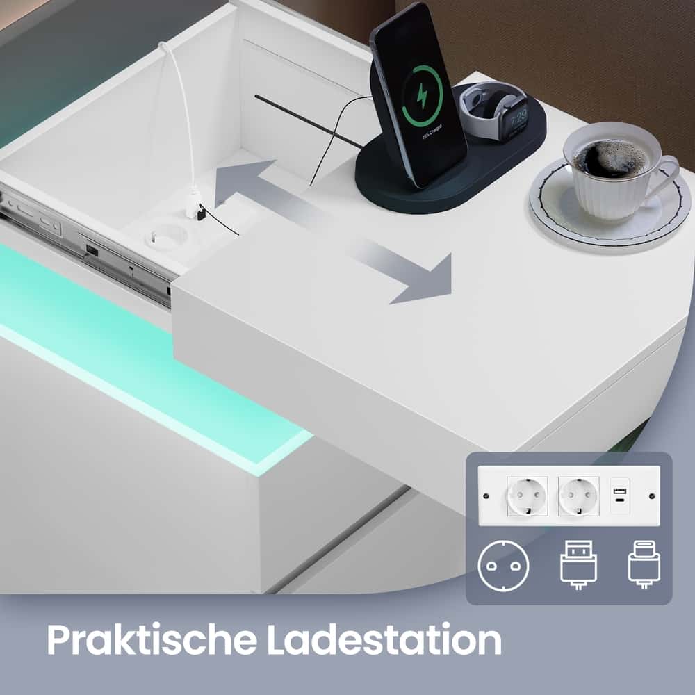 Beistelltisch mit Ladestation, Nachttisch mit Beleuchtung, Steckdosen