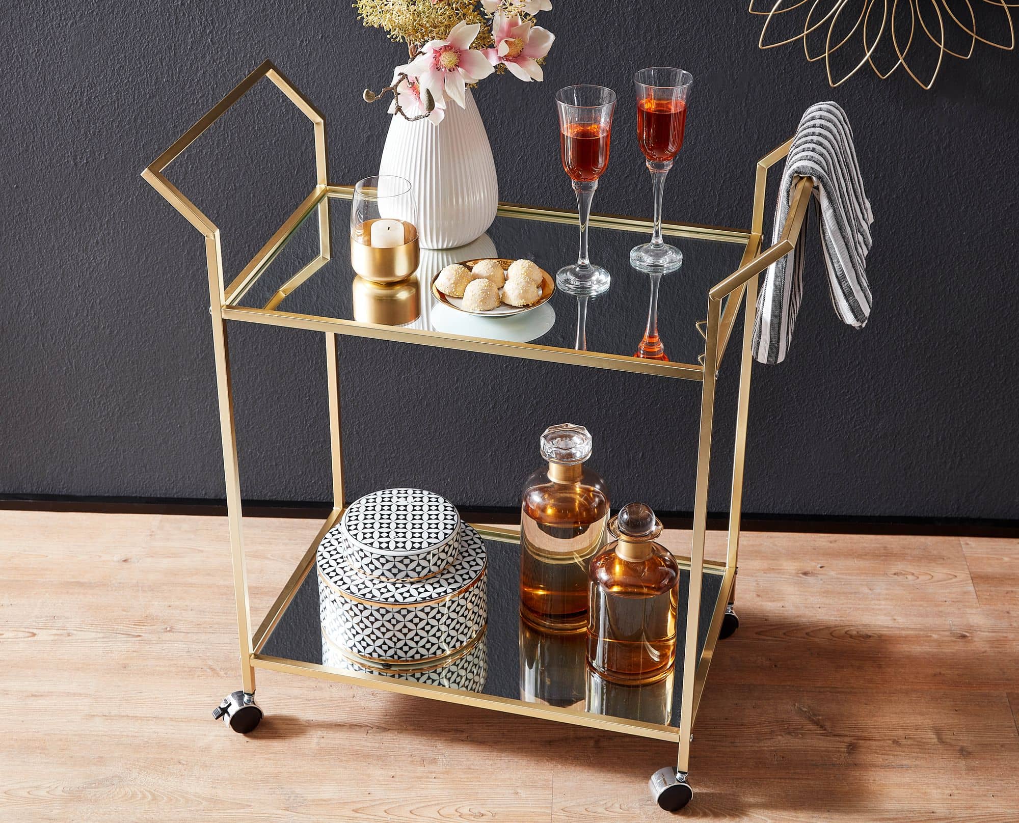 64458-Wohnling-Servierwagen-gold-71x37x78-5-cm-WL6-505-WL6-505_4 Design Servierwagen Gold 73x78x37 cm Küchenwagen Glas / Metall