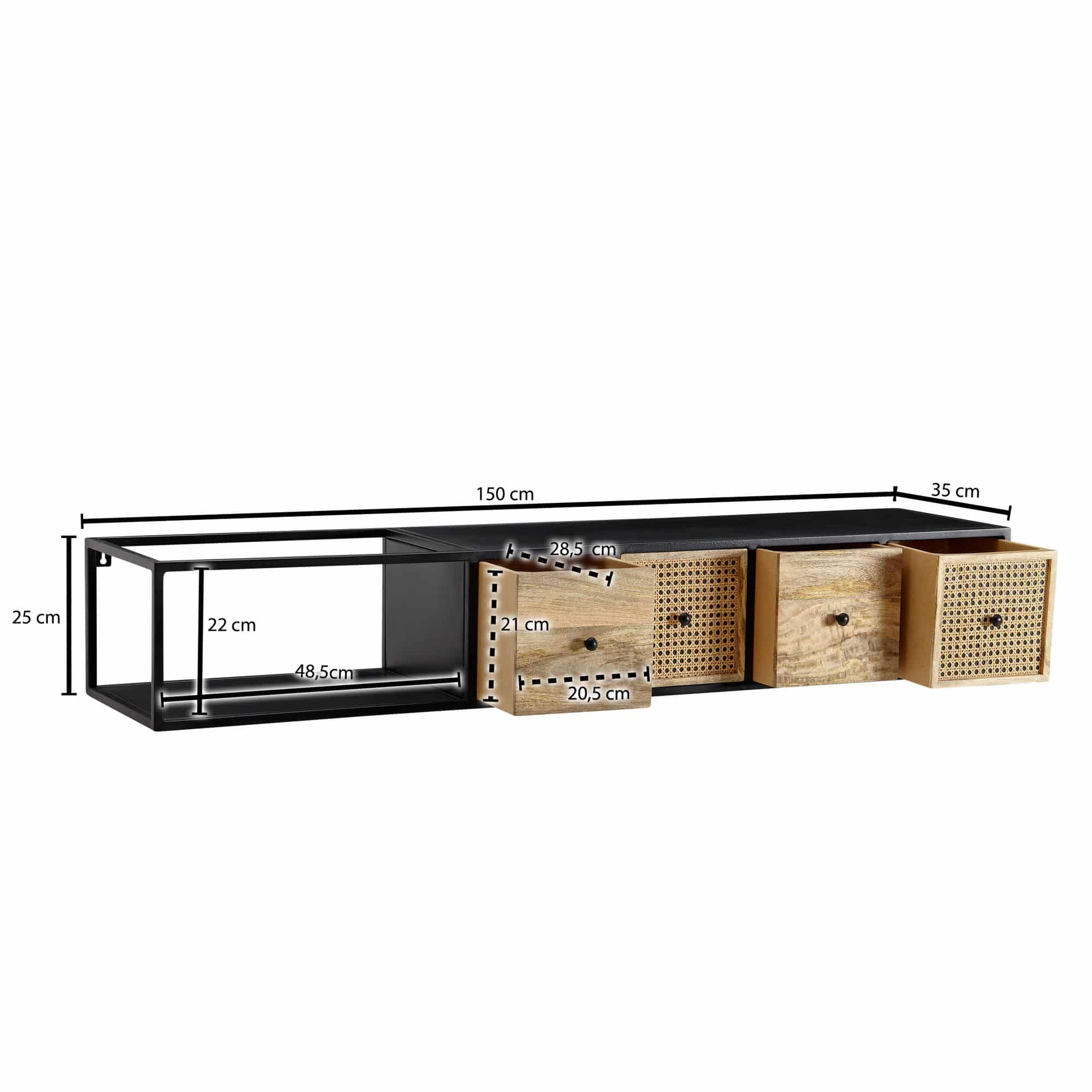 67860-Wohnling-TV-Konsole-haengend-150x35x25-cm-WL6-588-3 Lowboard Hängend Mango Massivholz / Metall 150x25x35 cm TV-Schrank Schwarz