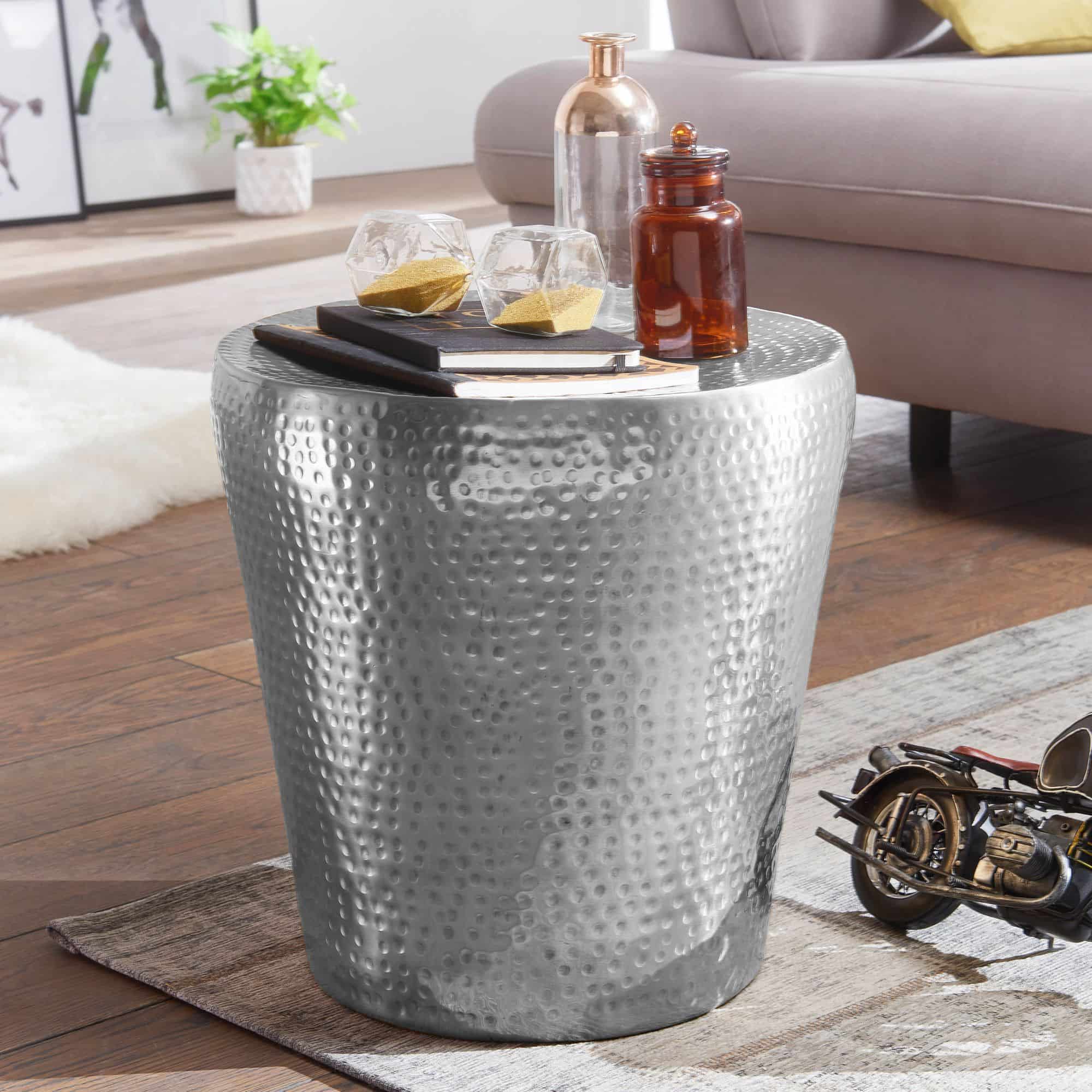 46250-WOHNLING-Beistelltisch-VIKRAM-Aluminium-40x40oOYBmf6nKPWvQ Beistelltisch 41x41x41cm Aluminium Silber Dekotisch orientalisch rund