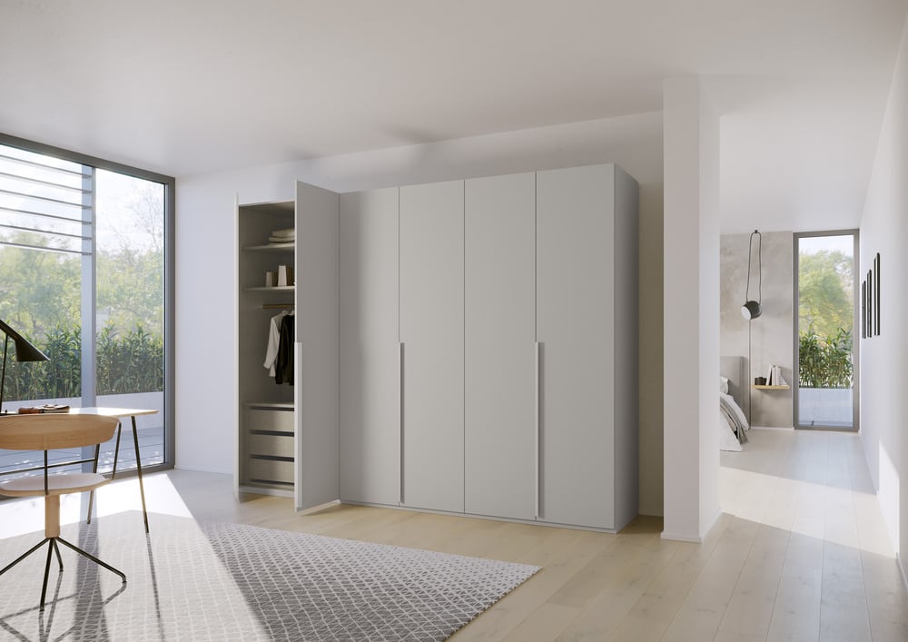 6-türiger Kleiderschrank Purisma von Rauch – Drehtürschrank in Alpinweiß, Graphit oder Seidengrau mit Schubkasteneinsatz, Innenspiegel und Krawattenhalter