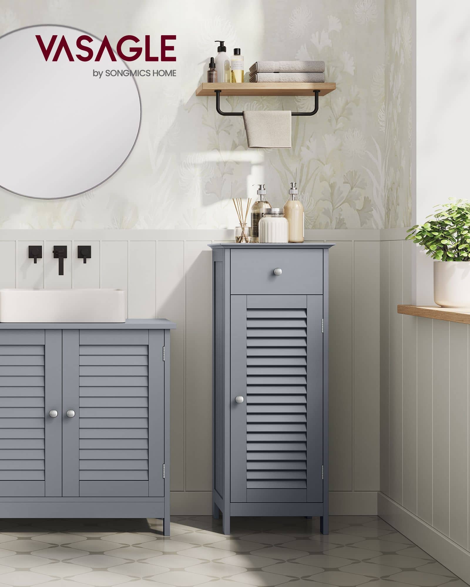 Badezimmerschrank schmal mit Schublade und Lamellentür Badezimmerschrank schmal mit Schublade und Lamellentür
