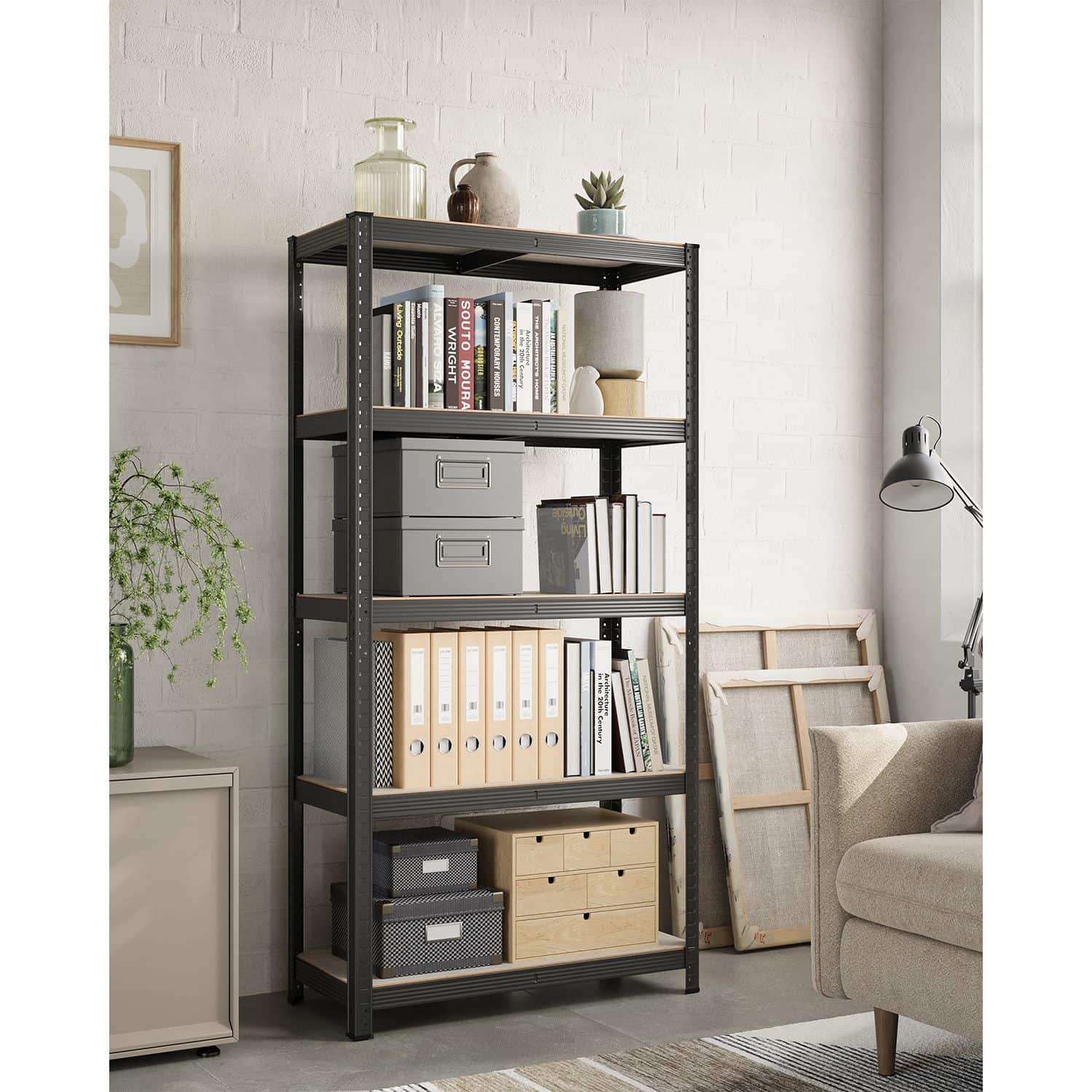 Standregal verstellbar mit 5 Ablagen 40 x 90 x 180 cm Greige-schwarz-B34GLR040B21 Standregal verstellbar mit 5 Ablagen 40 x 90 x 180 cm Greige-schwarz-B34GLR040B21
