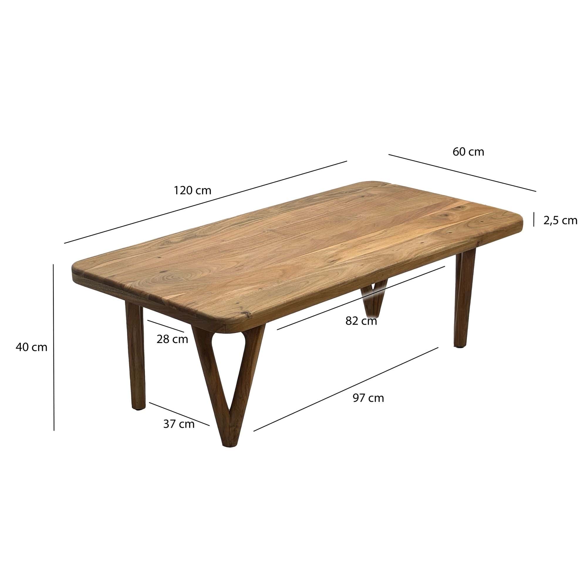 Couchtisch Akazie Massivholz 120cm - Wohnzimmertisch Rechteckig - Sofatisch Holz Modern - Design Loungetisch mit abgerundeten Ecken Landhaus Handmade