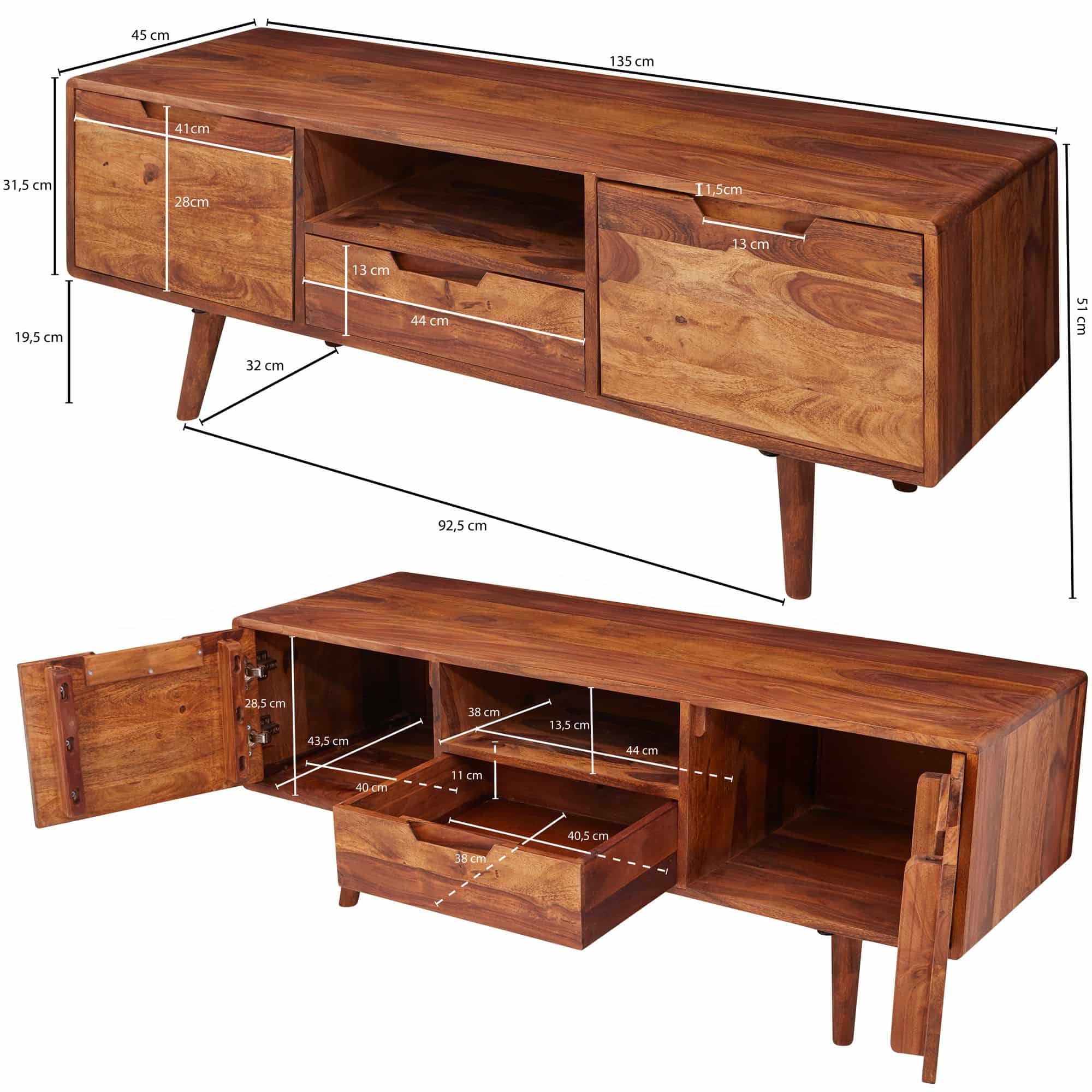 HiFi Lowboard Sheesham Massivholz Landhaus TV Kommode 135x51x45cm HiFi Lowboard Sheesham Massivholz Landhaus TV Kommode 135x51x45cm