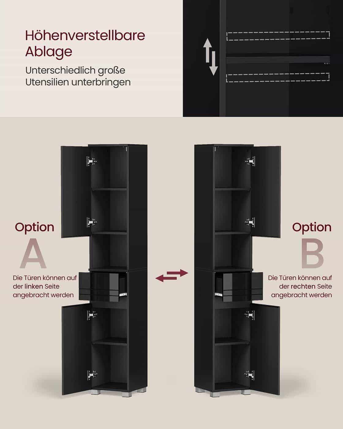 Schmaler Hochschrank mit Glastür und Füßen Tintenschwarz